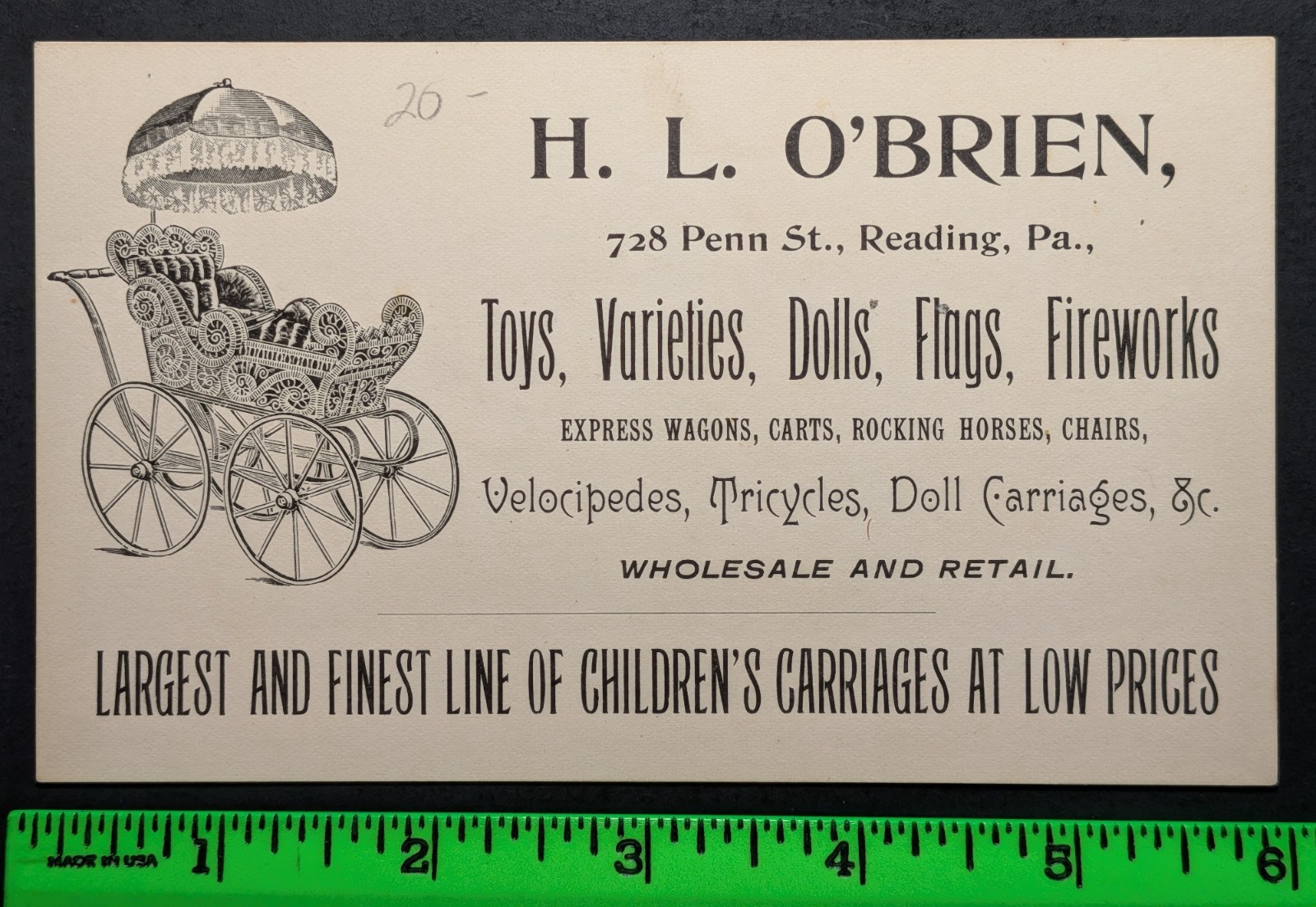 Vintage O\'Brien Toys Dolls Fireworks Reading PA Business Card Vintage O\'Brien Toys Dolls Fireworks Reading PA Business Card