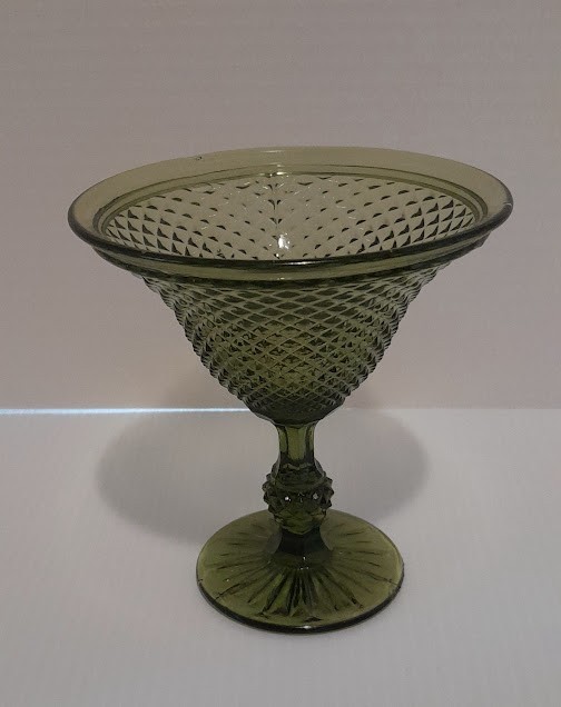 Vintage Jeannette Glass (5 3/4”) Olive Green Diamond Point Footed Compote