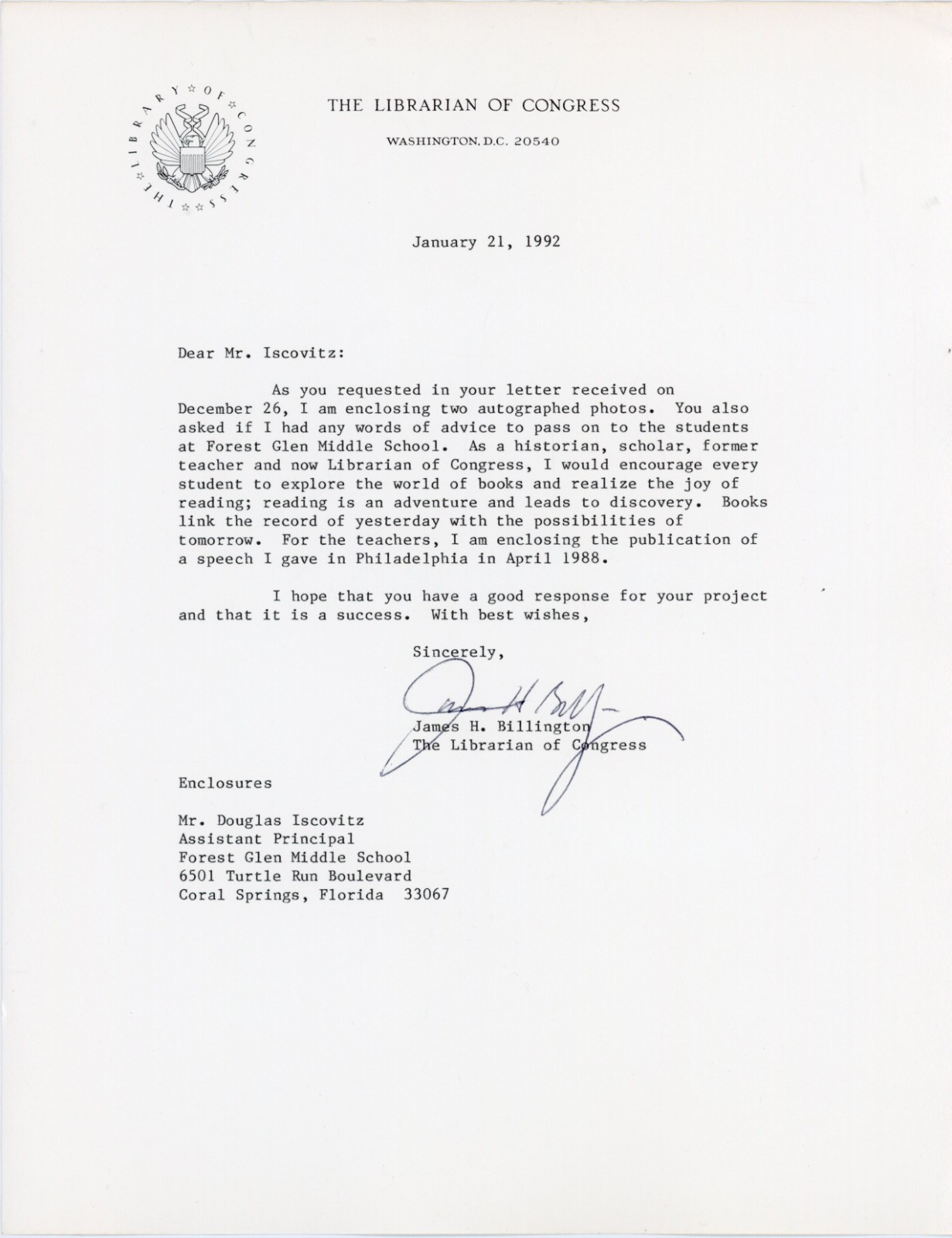 James H. Billington - TSL Dated 1992 (Librarian of Congress)