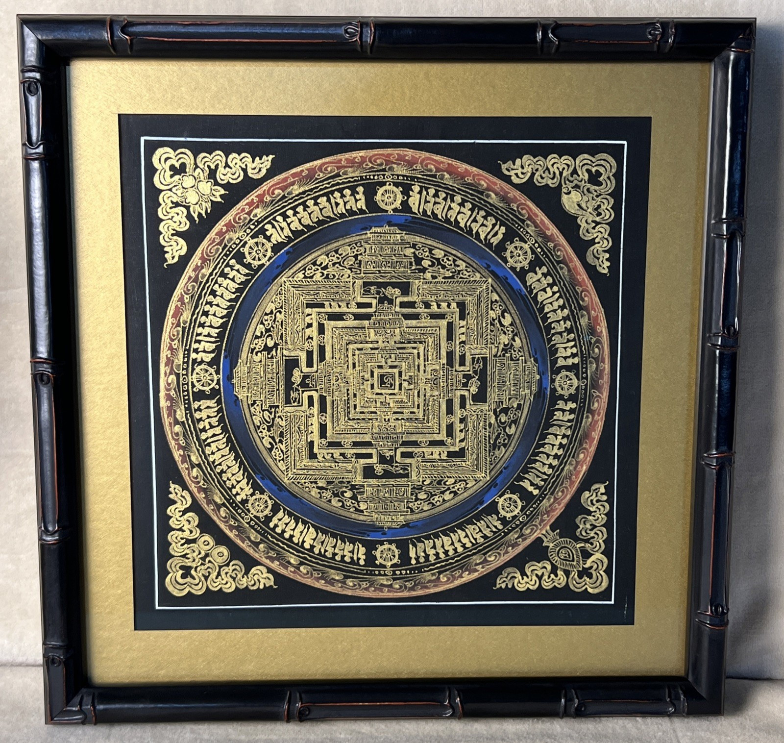 Hand-Painted Tibetan Kalachakra Mandala Thangka Black Gold Wheel of Time Framed Hand-Painted Tibetan Kalachakra Mandala Thangka Black Gold Wheel of Time Framed