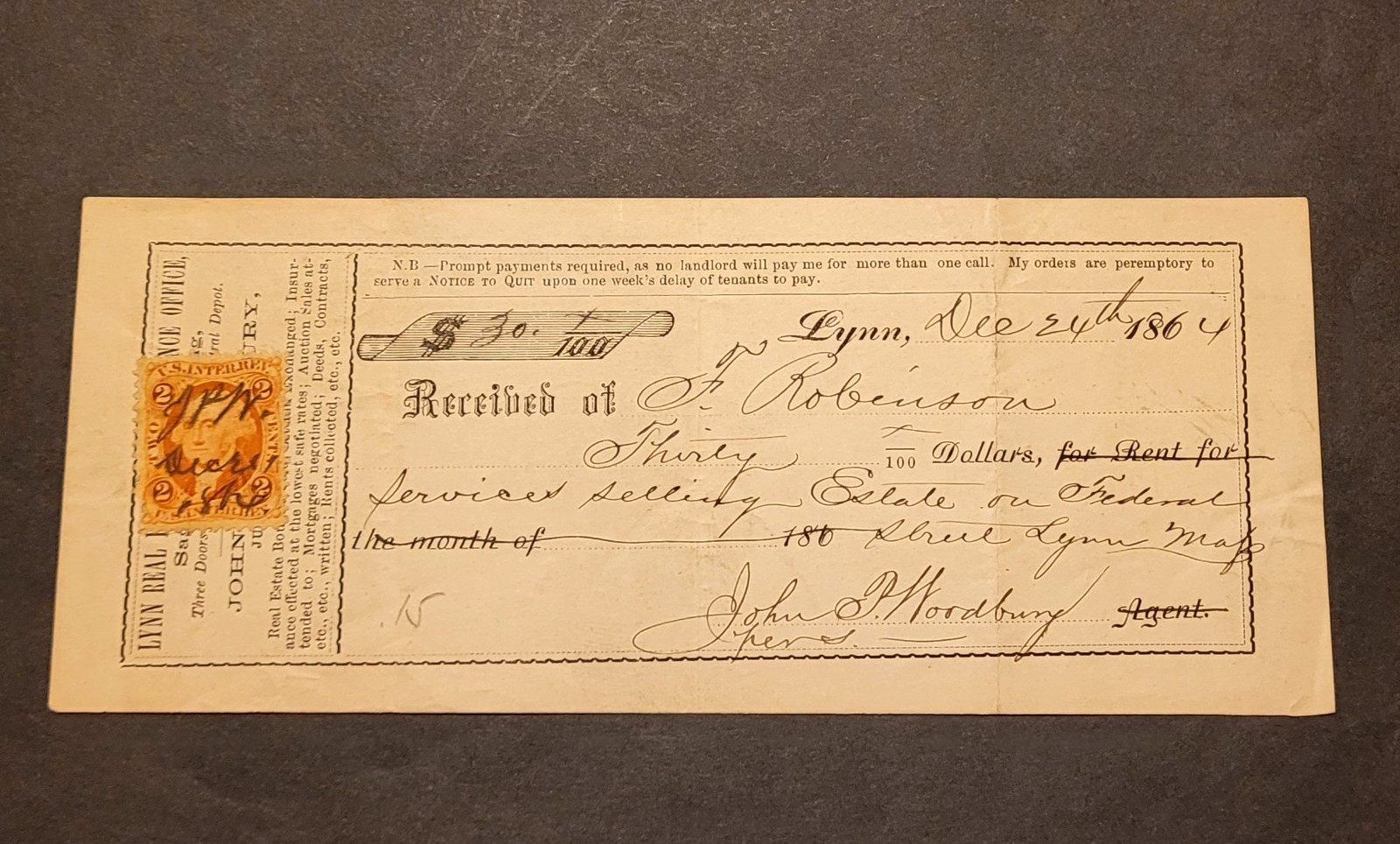 Lynn, Mass real estate rent receipt from 1864 w/ TAX stamp