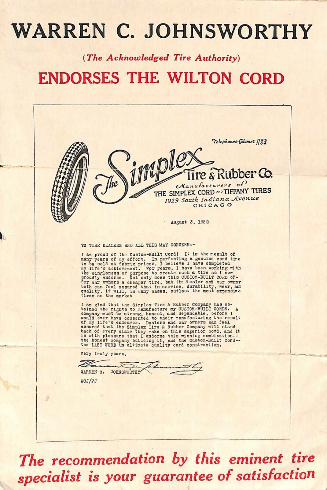Wilton Cord Simplex Tire Advertising Brochure 1922