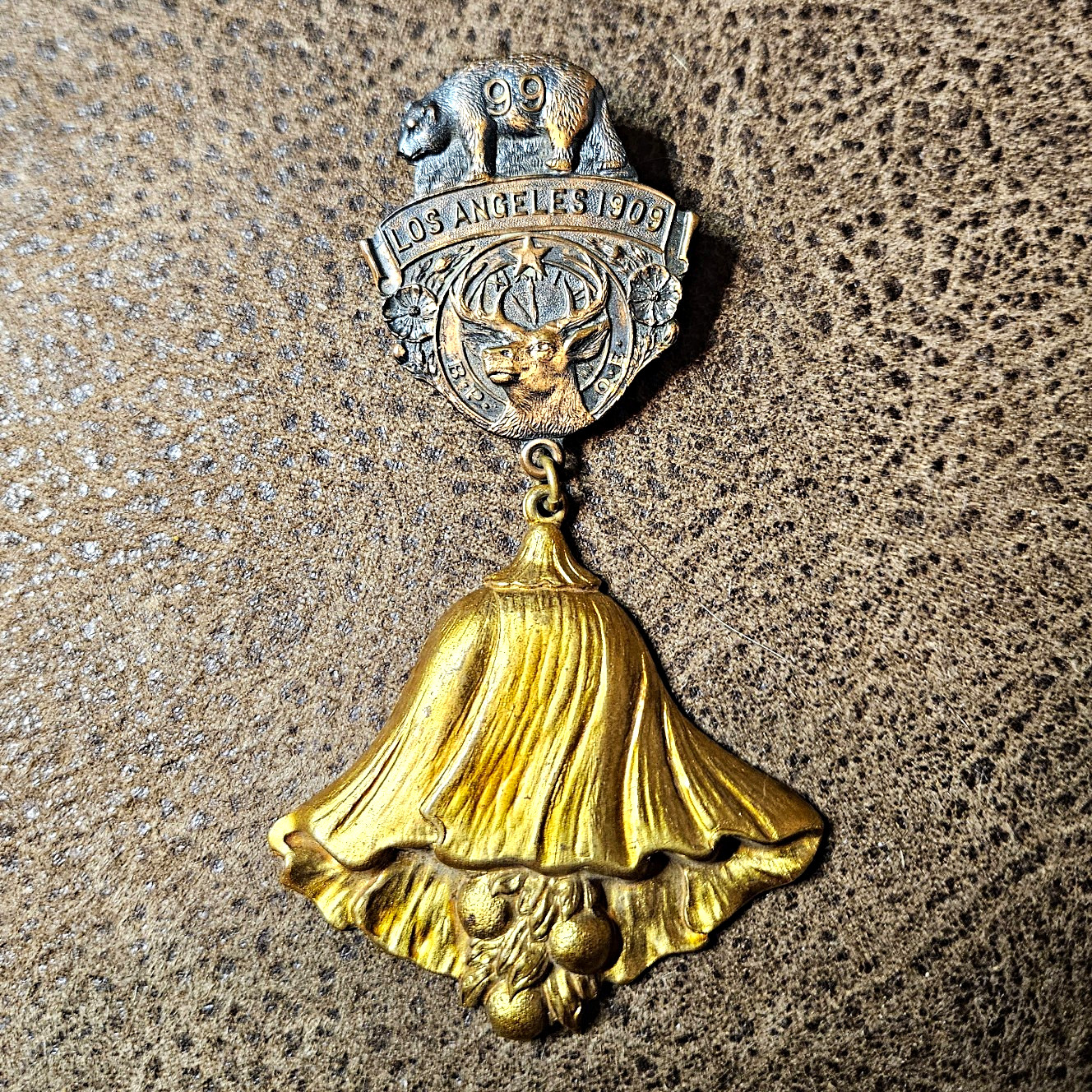 Antique 1909 BPOE Elks Reunion Los Angeles Lodge 99 Medal Pin California Poppy