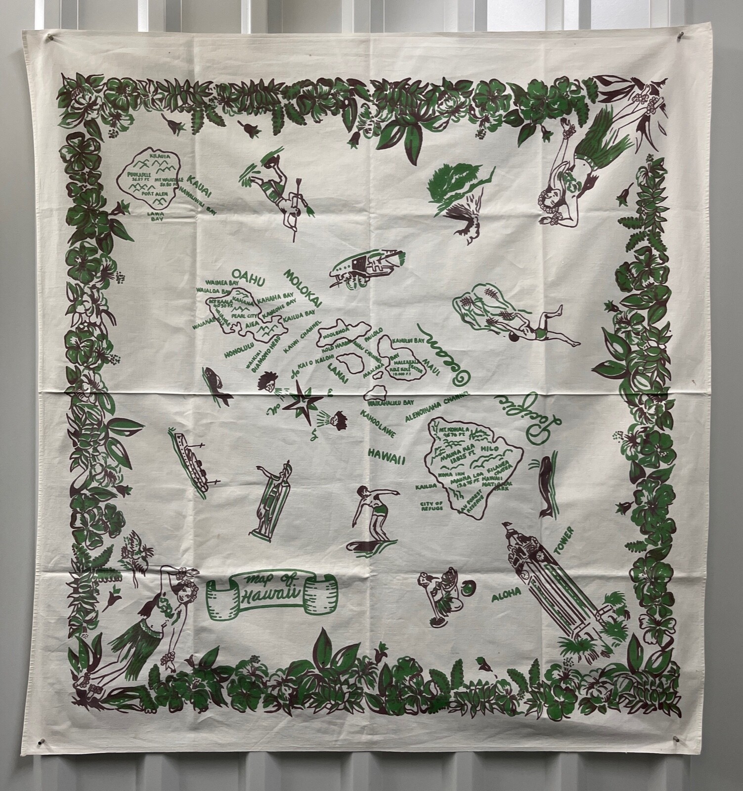 Vintage Map of Hawaii Table Cloth Aloha Tiki Surfer Hula Ship Plane Islands
