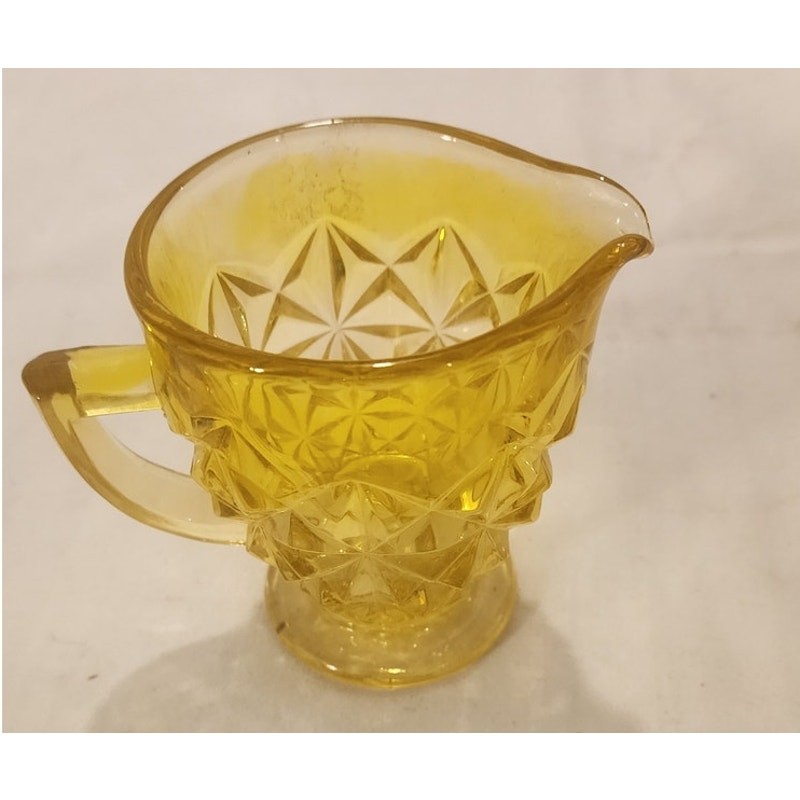 Yellow Pressed Glass Creamer Diamond Pattern –Vintage Small Pitcher - 3.75\