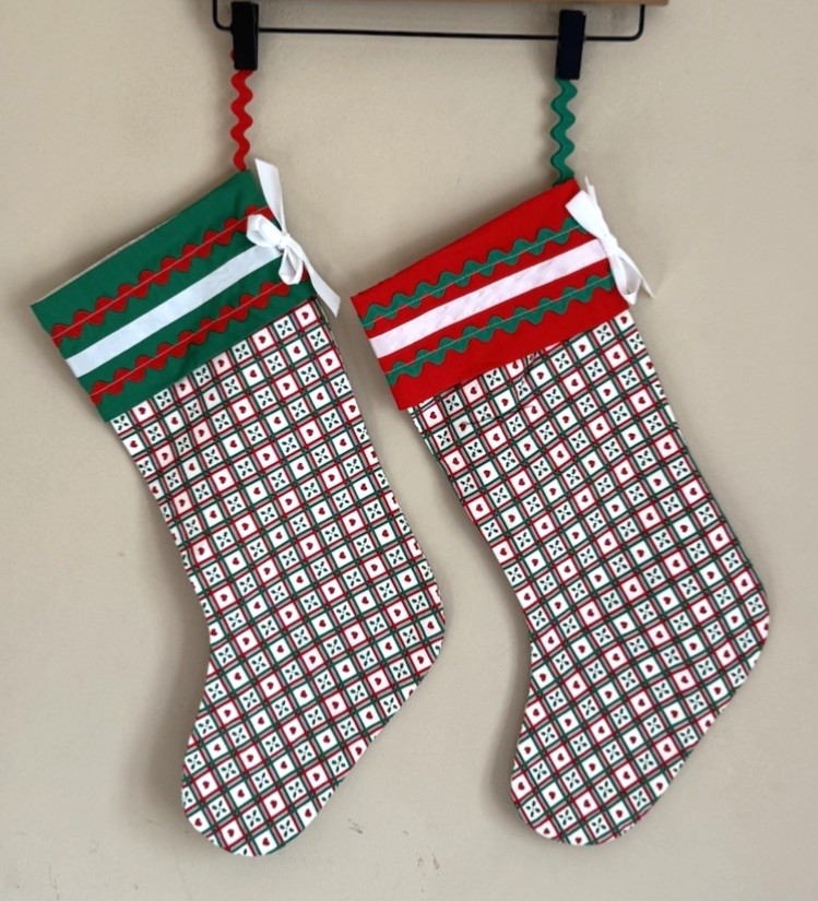 Vintage Christmas Stockings Pair Stocking Check Vtg Ribbon Handmade Vintage Christmas Stockings Pair Stocking Check Vtg Ribbon Handmade