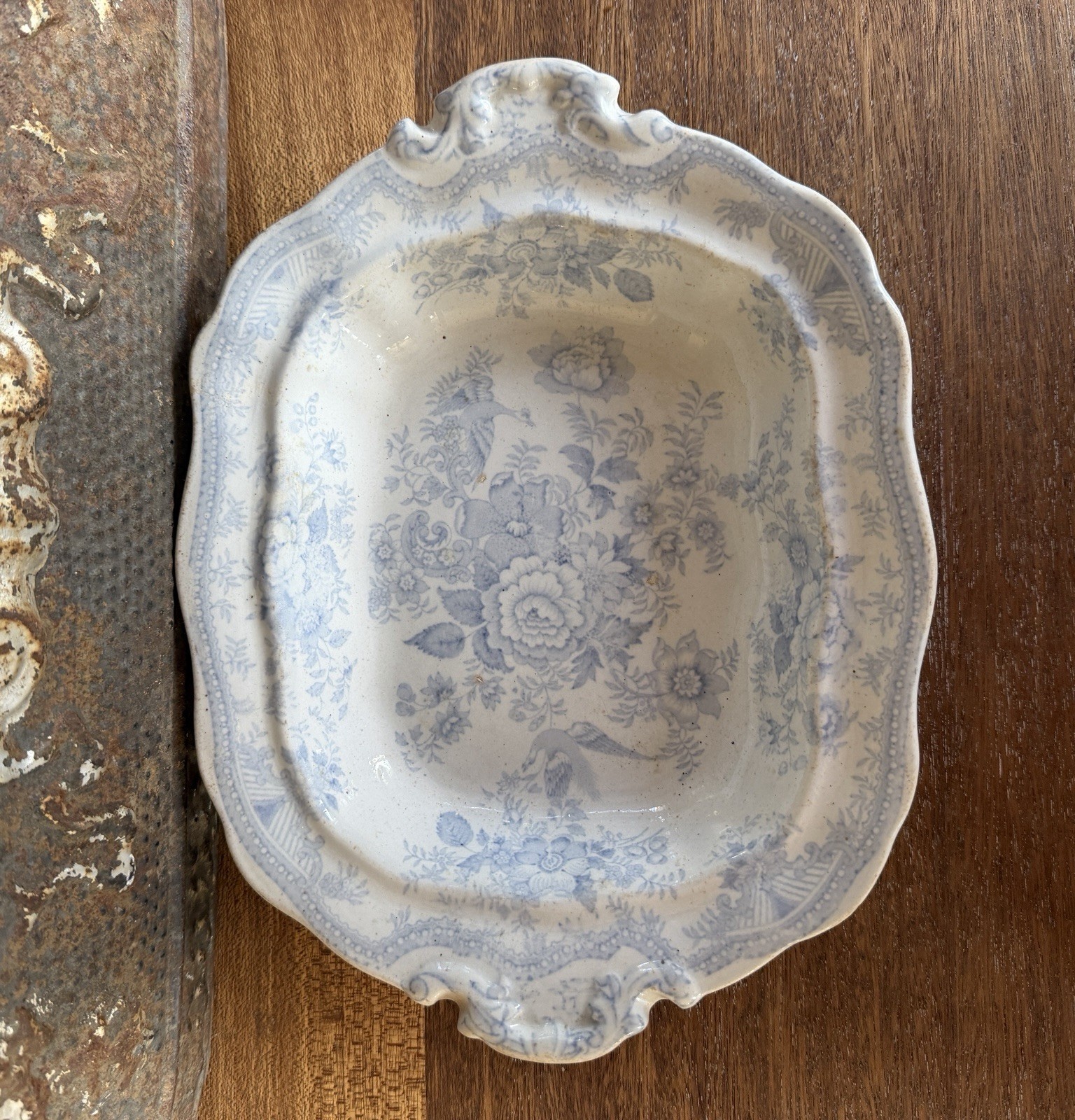 Antique Blue White Transferware Footed Serving Dish, Staffordshire Style, 1800\'s