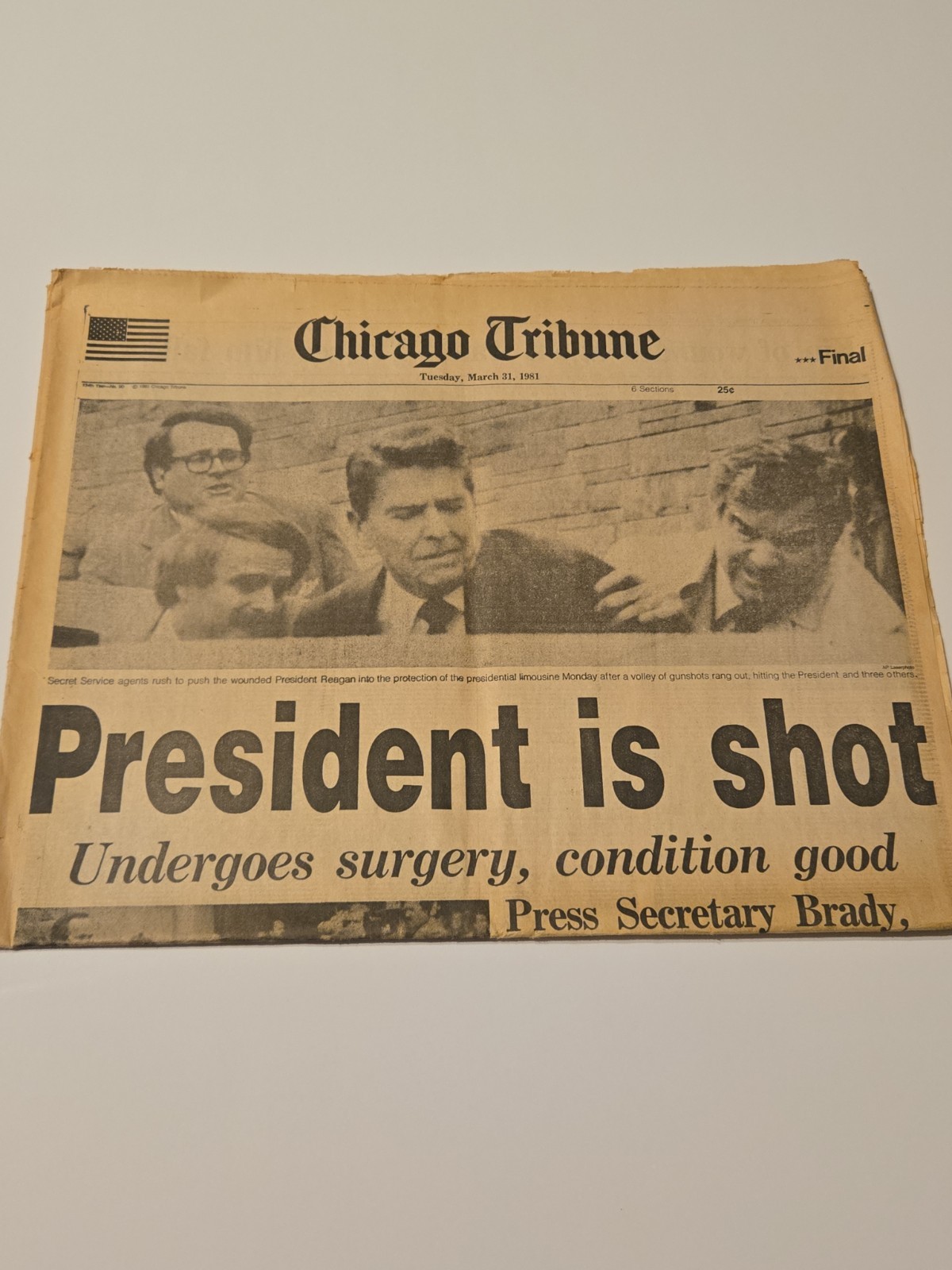 Ronald Reagan Shot Newspaper March 31, 1981 Chicago Tribune “President Is Shot”