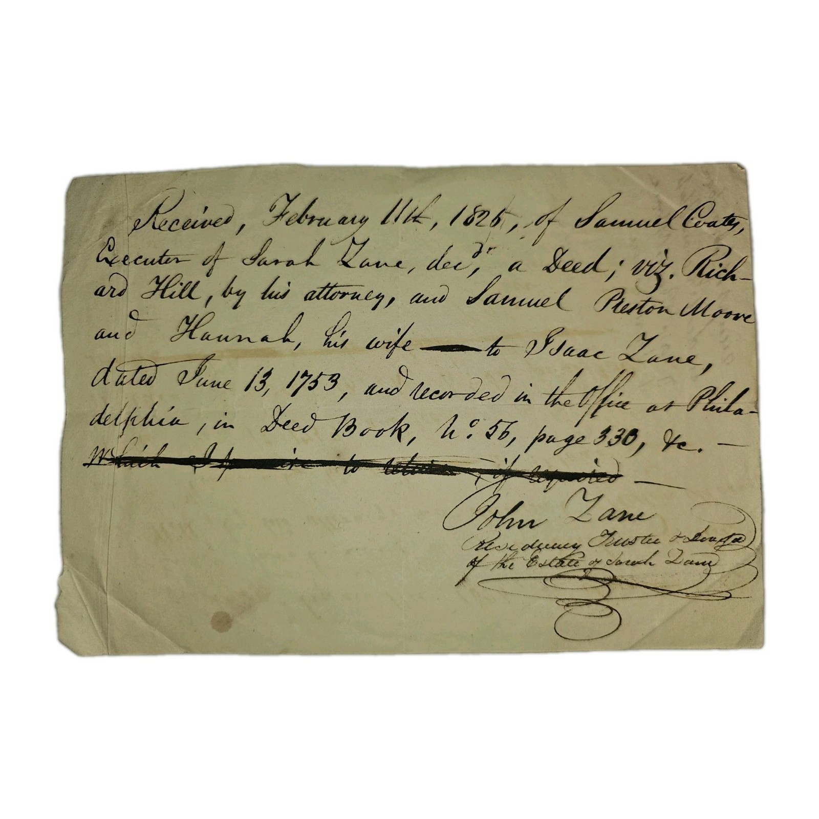 1820–1826 Philadelphia Zane Two Estate Papers with Samuel Coates Executor