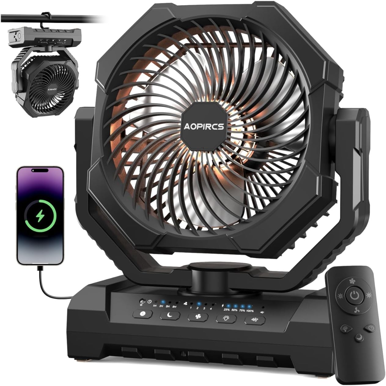 Ventilador camping con luz y mando, 4 velocidades, batería 24000mAh portátil