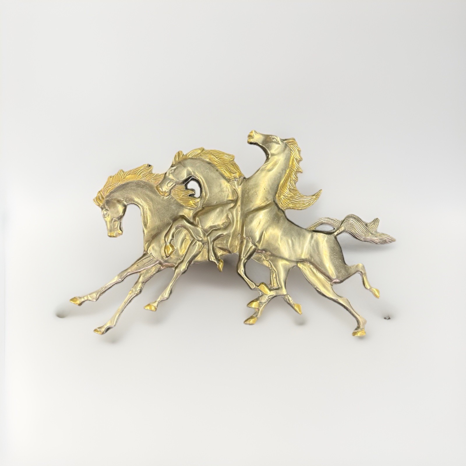 Vintage Brass Running Horses Wall Plaque 17x11 Decorative Metal Art Used