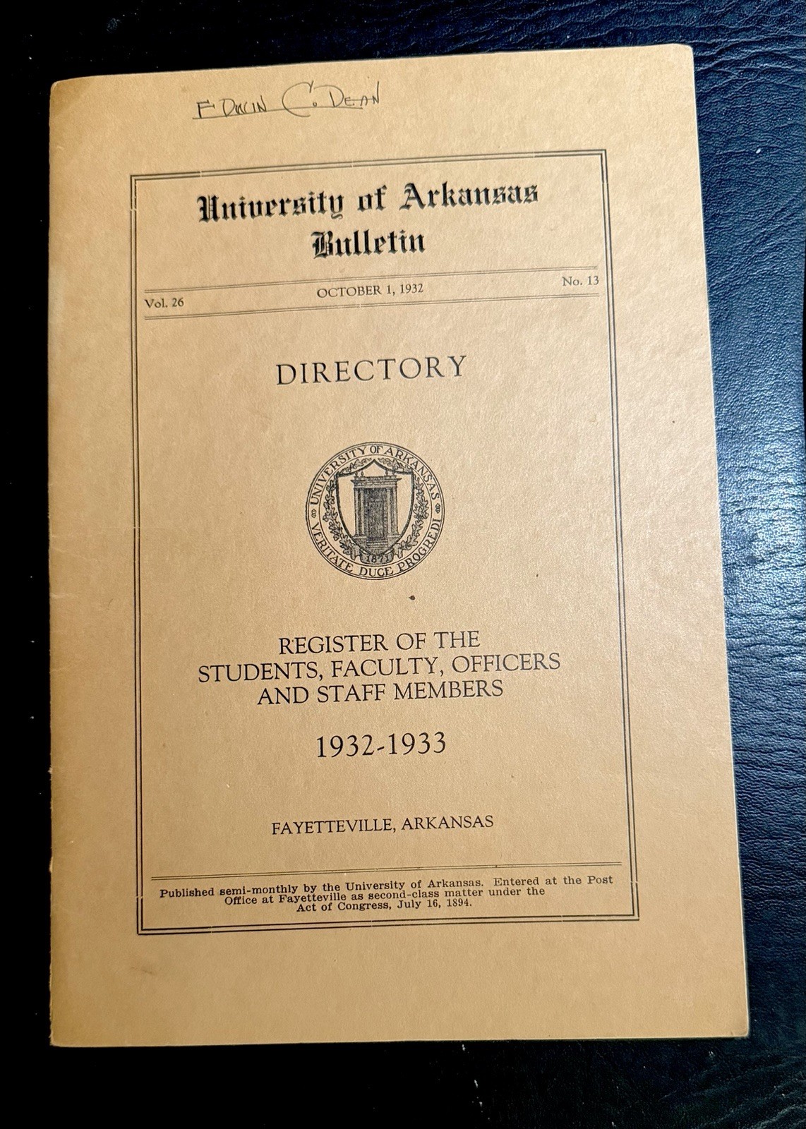 1932-1933 University Of Arkansas Bulletin Directory Handbook 