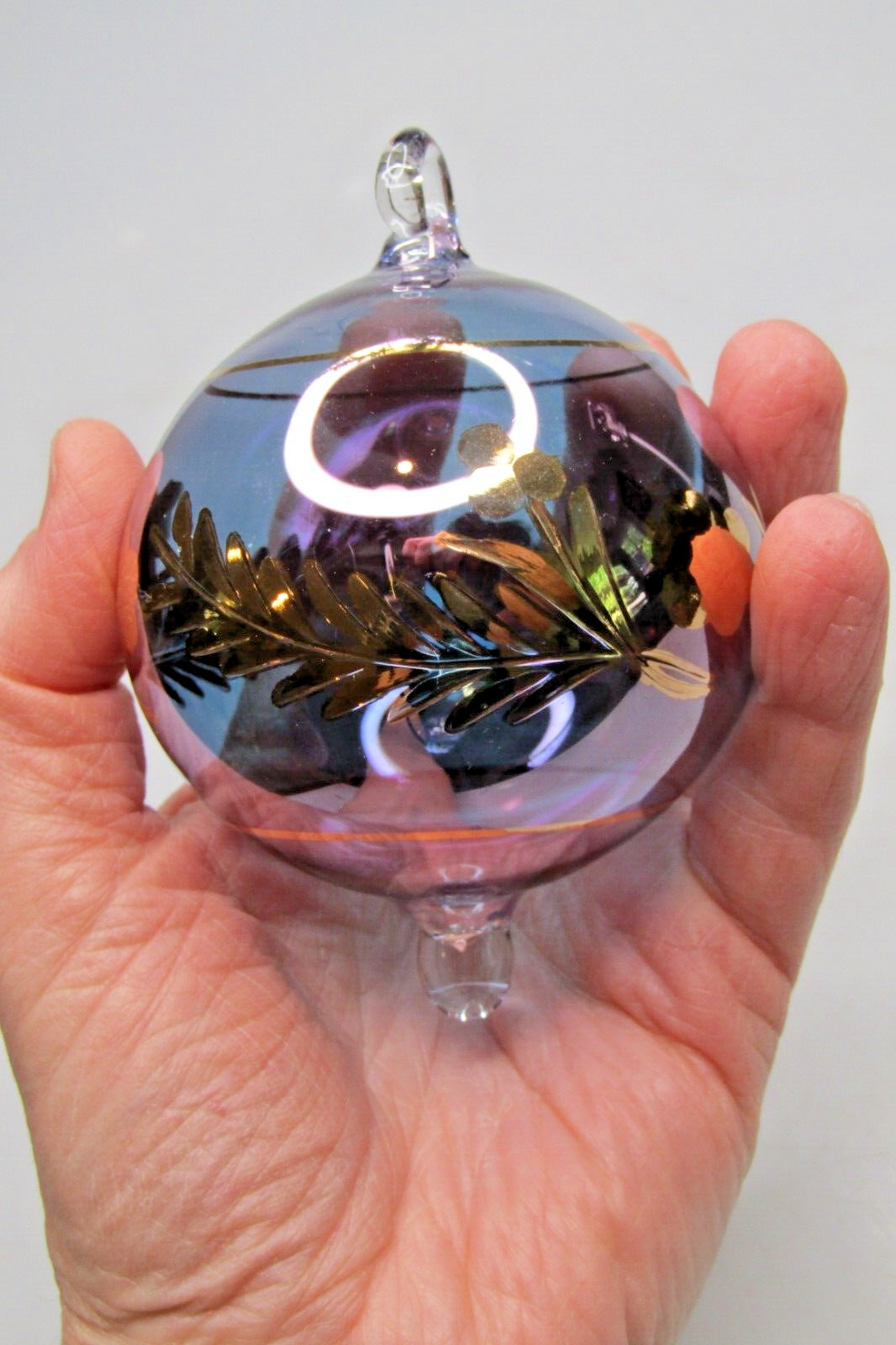 Modern Blown Iridescent Etched Glass Gold Floral TEARDROP Christmas Ornament