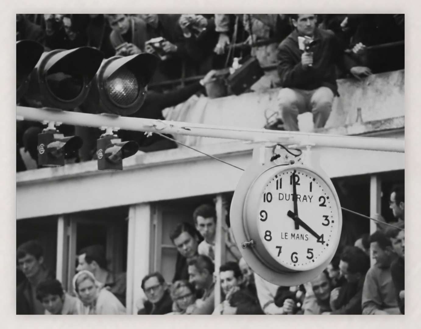 1966 LE MANS D-DAY RACE START CLOCK B&W 11X8.5 VINTAGE PHOTO REPRO