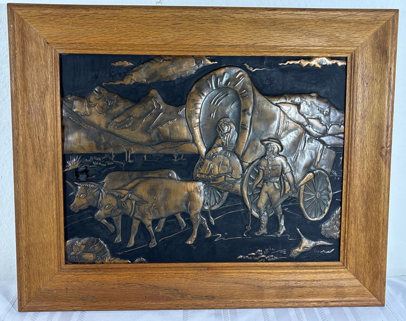 Vintage Copper Relief Western Ox Cart Scene Wall Art 20”x16” Framed
