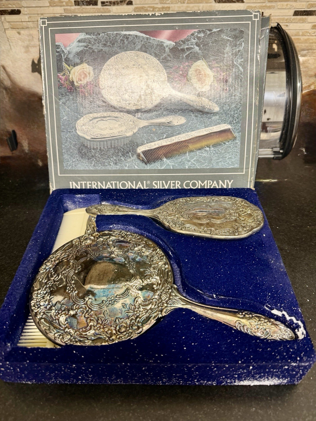 Ornate Silver Plated 3 Piece Dresser Vanity Set Hand Mirror Brush Comb NOS VTG