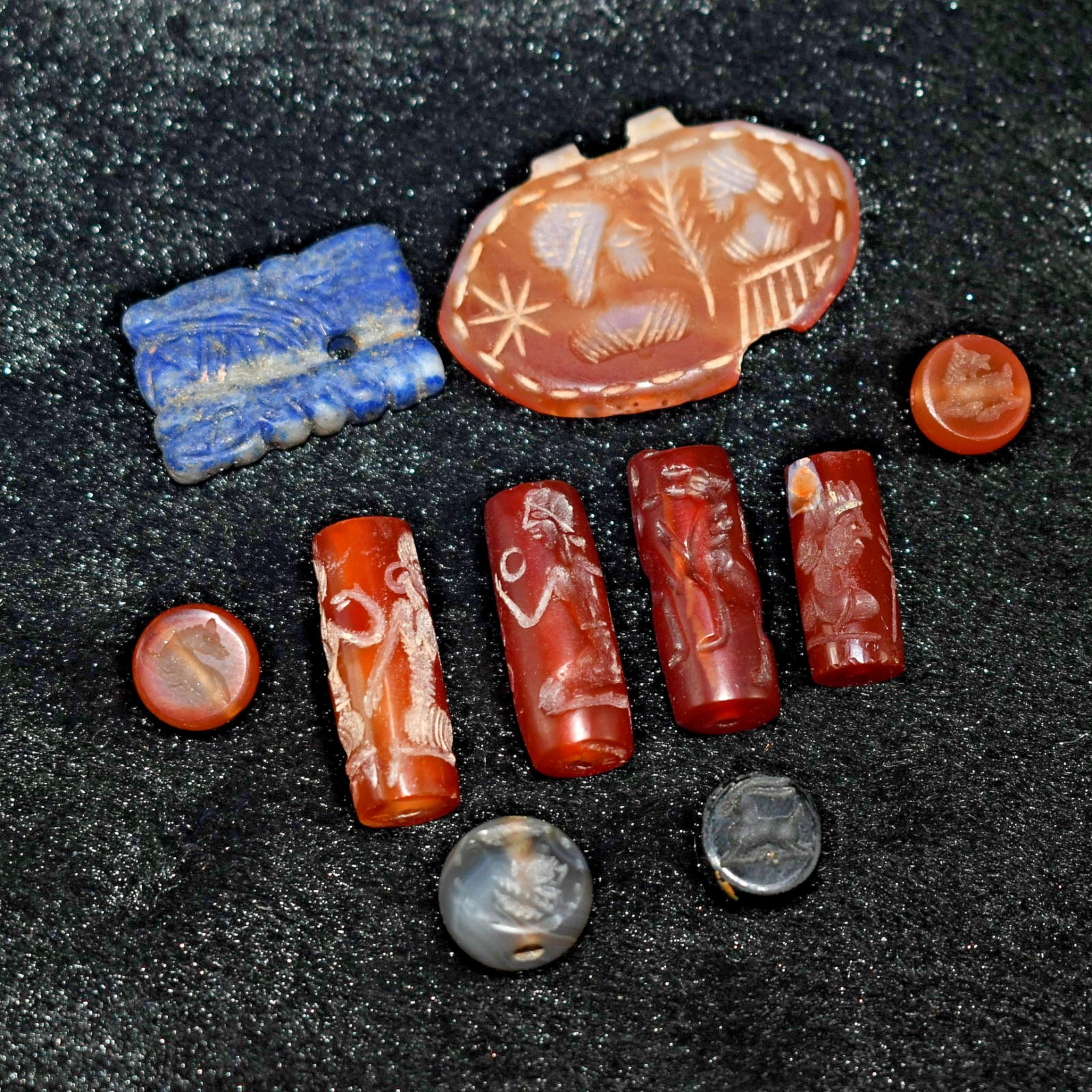 10 Antique Old Near Eastern Mix Stone Carnelian Lapis Intaglio Barrel Bead Seal