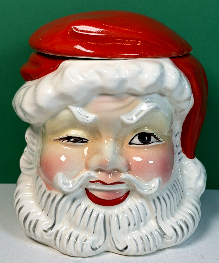 Vintage Napco 7-inch Ceramic Winking Santa Cookie Treat Jar with Lid -Rare & Fun