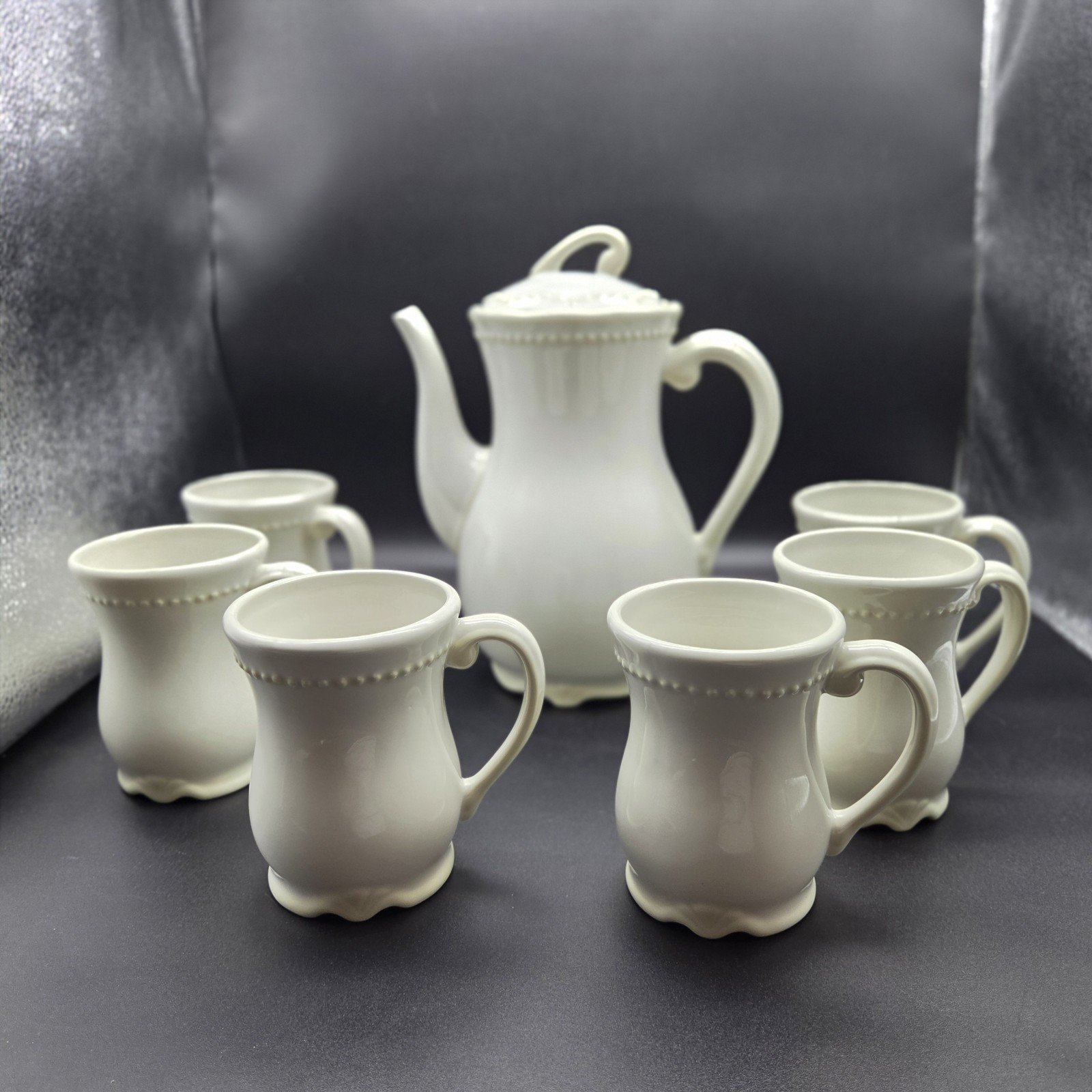 Vintage Princess House Pavillion Stoneware Coffee Pot & 6 Mug Set  Natural Cream