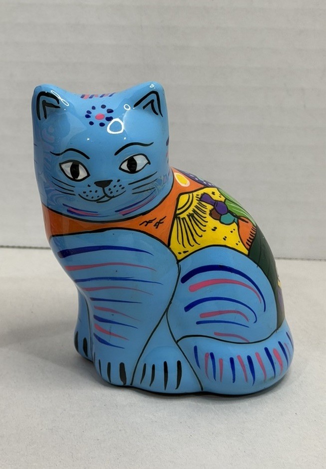 Vintage Hand Painted Talavera Mexican Pottery Cat Figurine Blue Orange Yellow