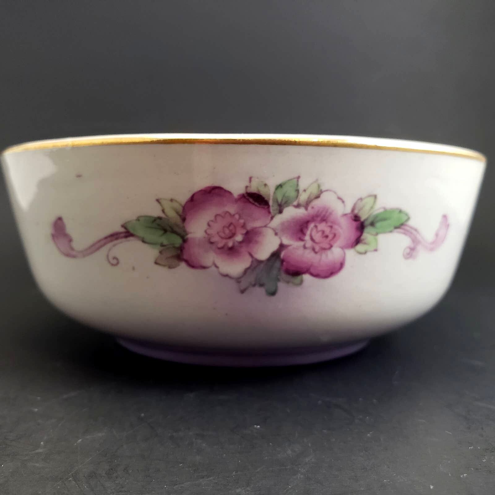 Vintage Ceramic porcelain purple floral transfer Bowl Gold trim 5\