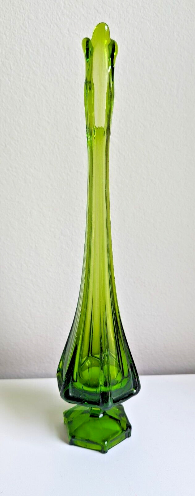 Viking epic column vase stretch swung art glass footed green hexagon 14” MCM