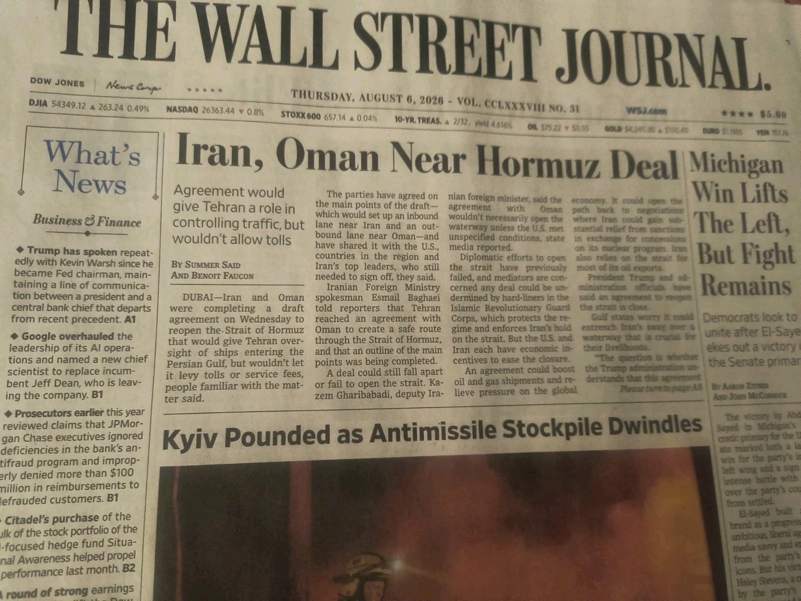 The Wall Street Journal Thursday August 6 2026 Iran, Oman Near Hormuz Deal