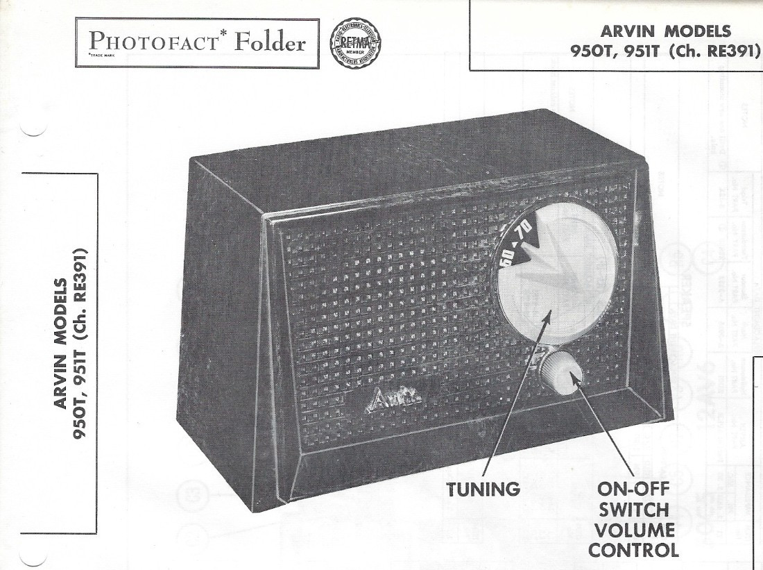 1955 Arvin 950T 951T AM Tube Radio Receiver Photofact Manual Schematic RE391