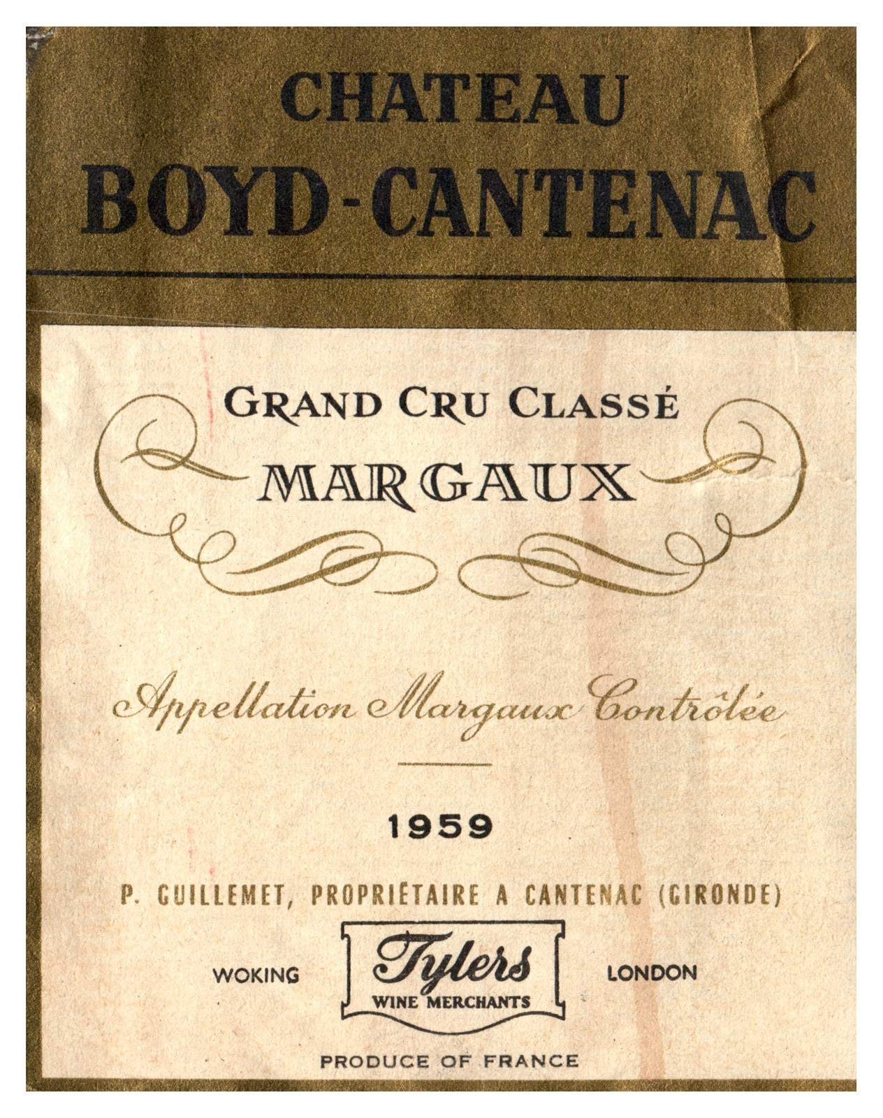 1959 Chateau Boyd-Cantenac Margaux Grand Cru Classe Tylers Vintage Wine Label 1959 Chateau Boyd-Cantenac Margaux Grand Cru Classe Tylers Vintage Wine Label