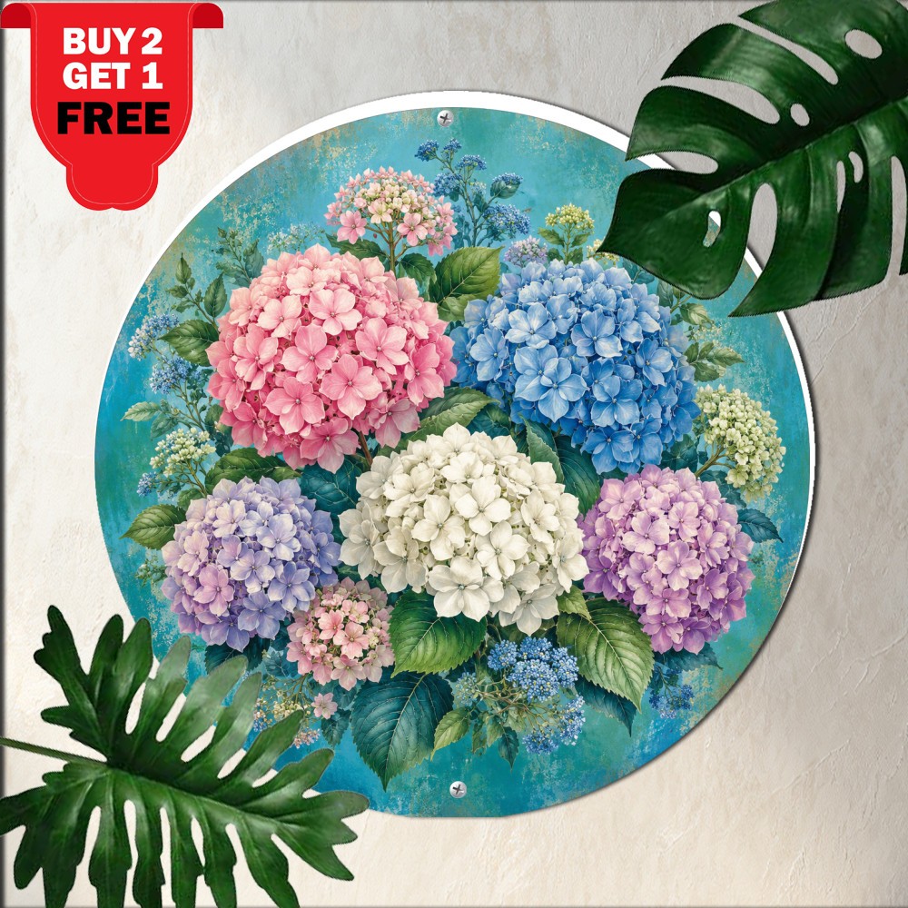 Beautiful Hydrangea Turquoise Floral Tin Sign Retro Botanical Round Metal Plaque