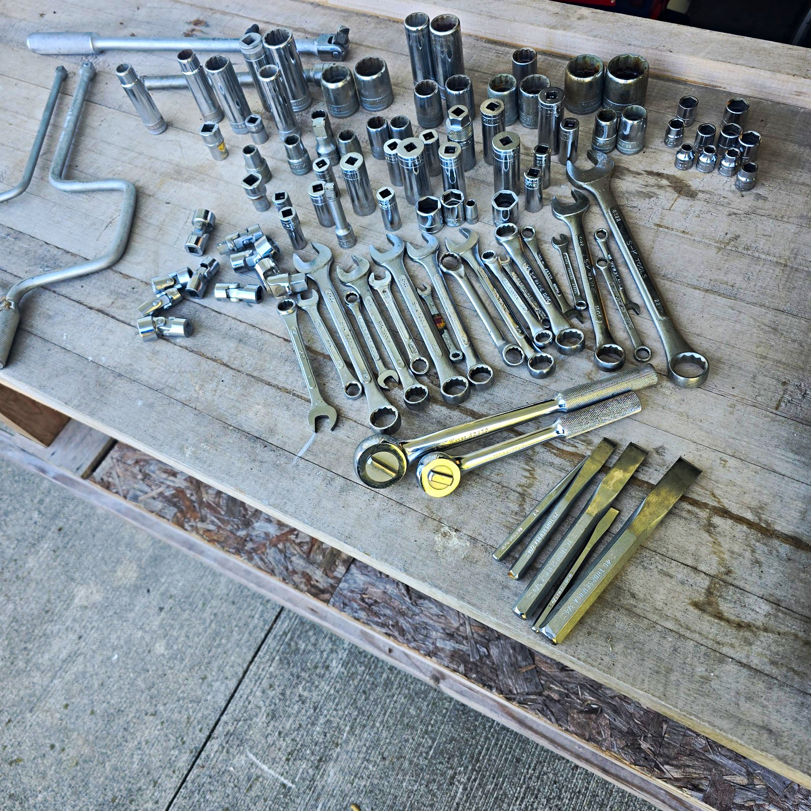 Vintage S-K Wayne Mechanics Tool Set Lot w/ Box Sockets Wrenches Thorsen Chisels