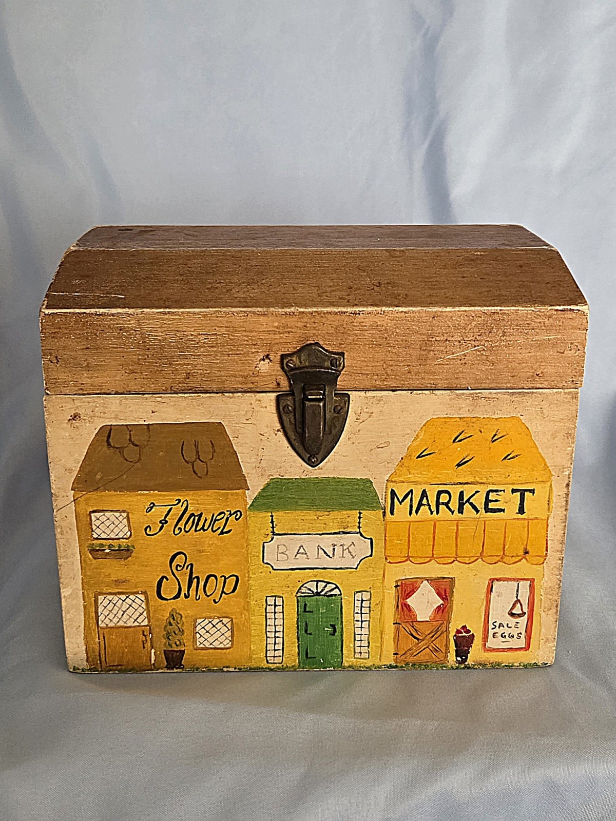 Vintage 1970's Folk Art Wood Keepsake Box Hand Painted Wrap Around Village Shops