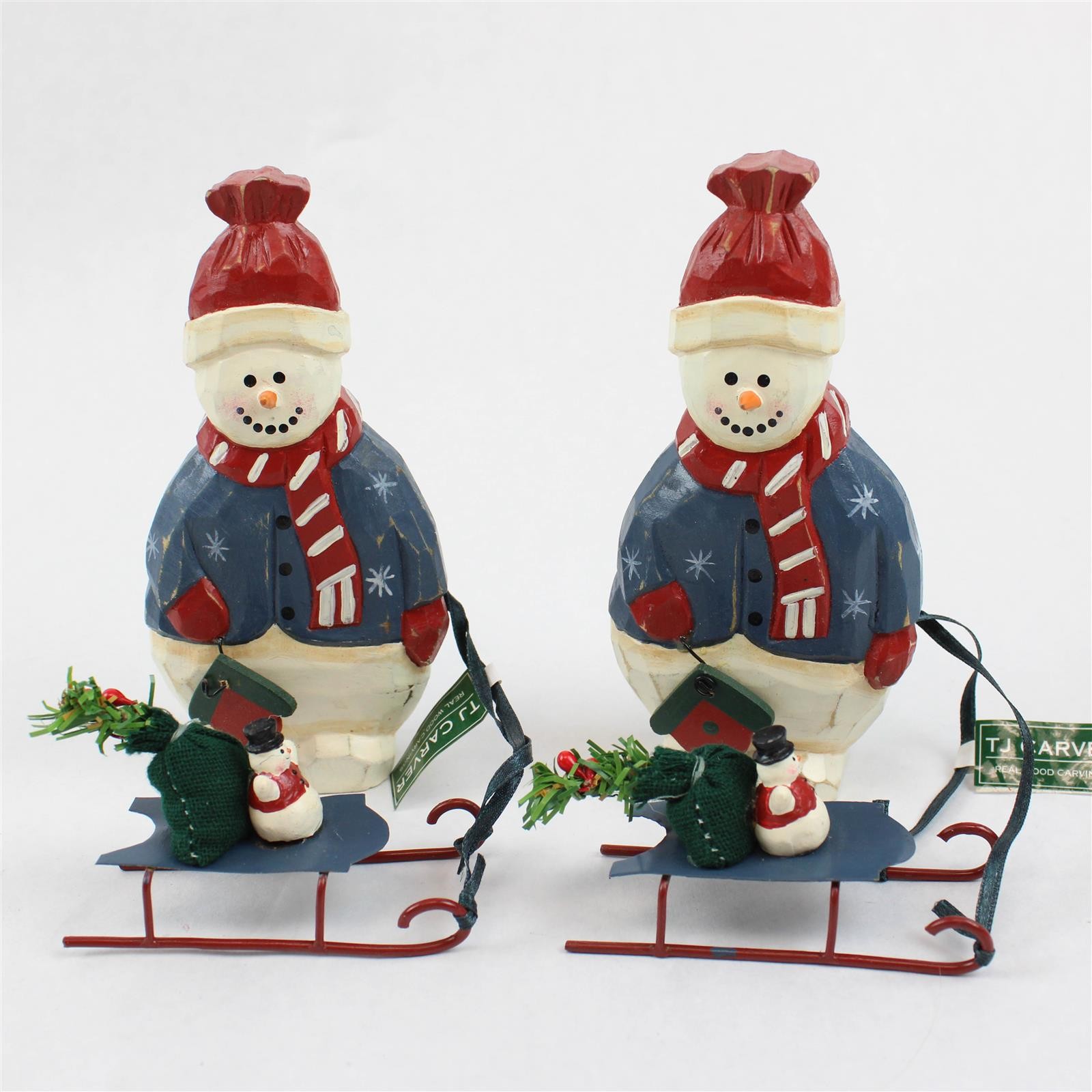 Set of 2 TJ Carver Wooden Snowmen with Sled 937208 Holiday Decor New