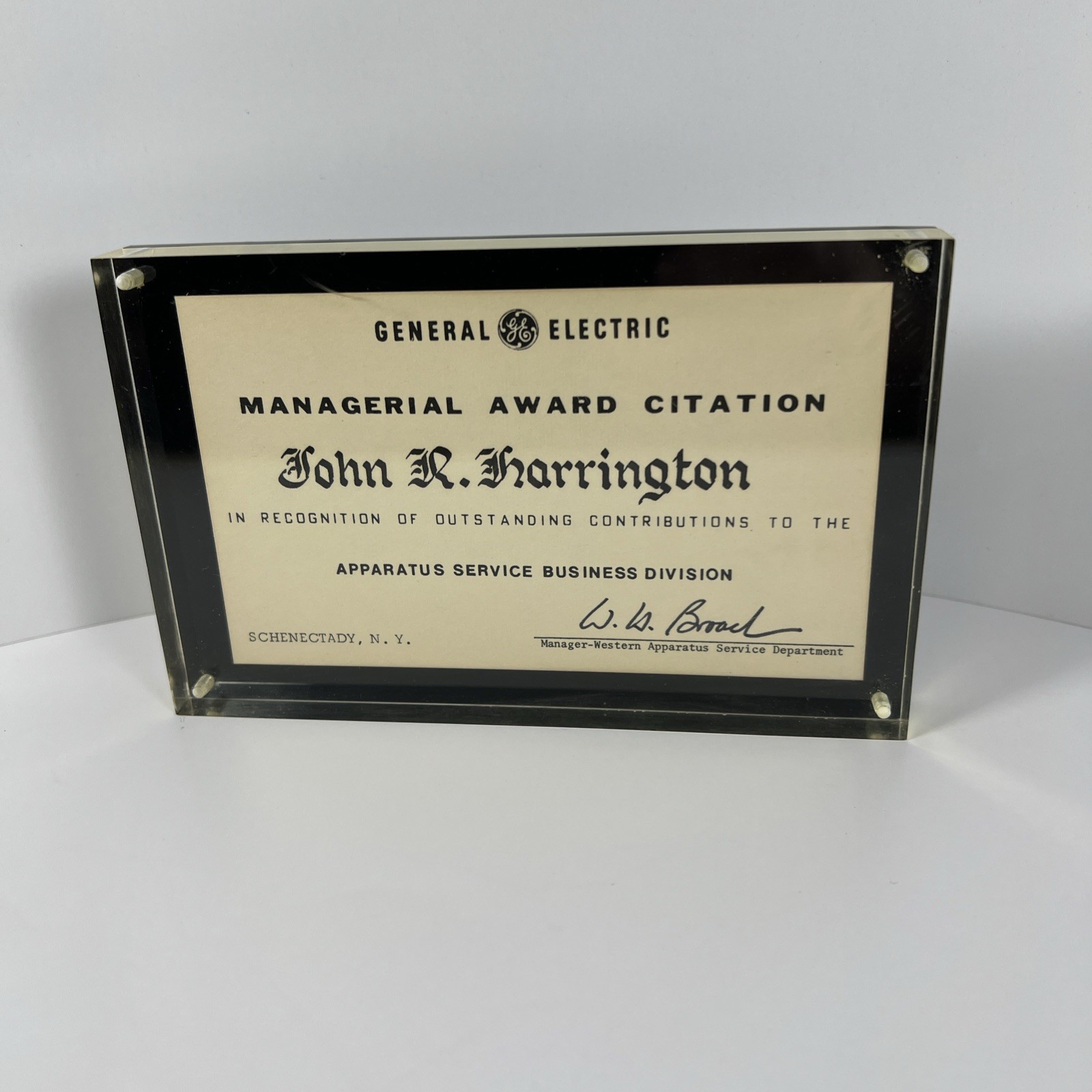 Vintage General Electric Managerial Award Citation Aparatus Service Business 
