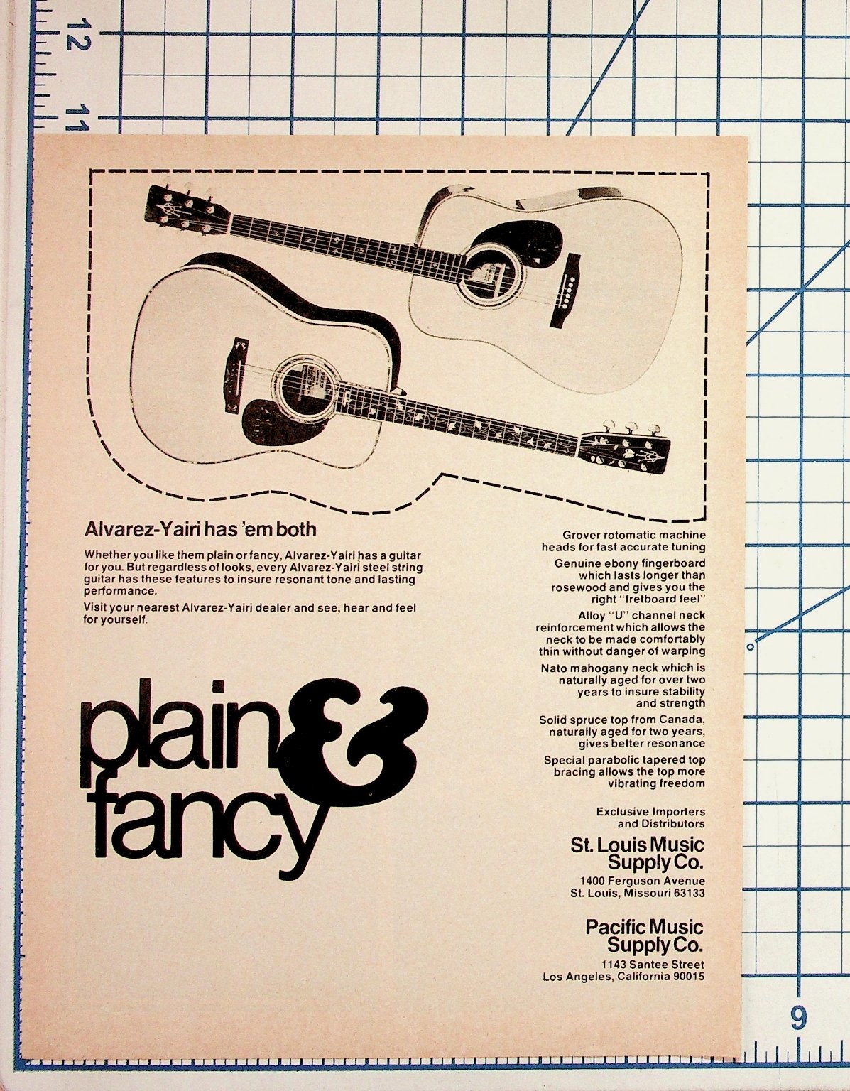 Alvarez-Yairi Plain & Fancy Guitars Vintage Print Ad St. Louis Music Los Angeles