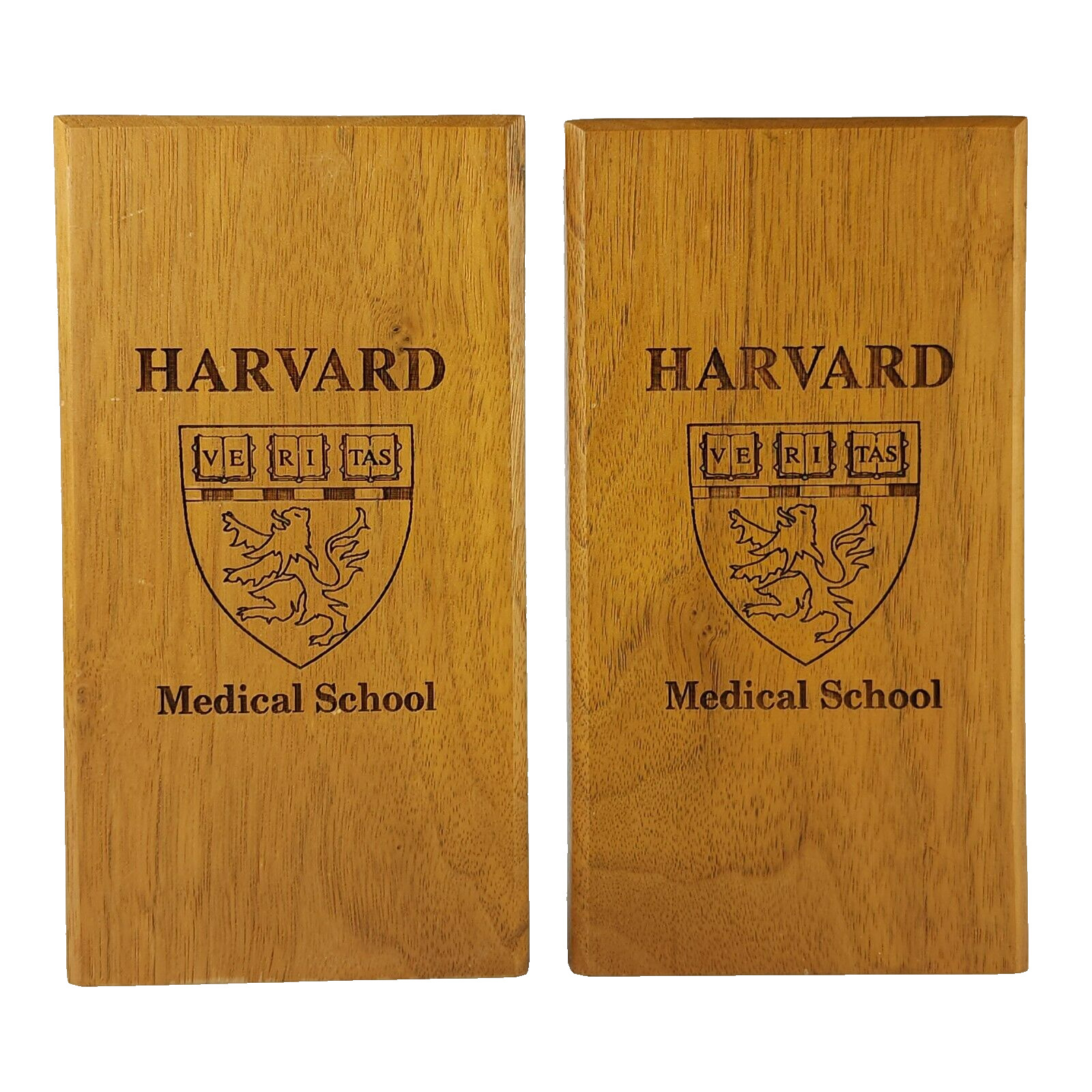 Harvard Medical School Wooden Bookends Engraved Emblem Wood READ ALL AS-IS