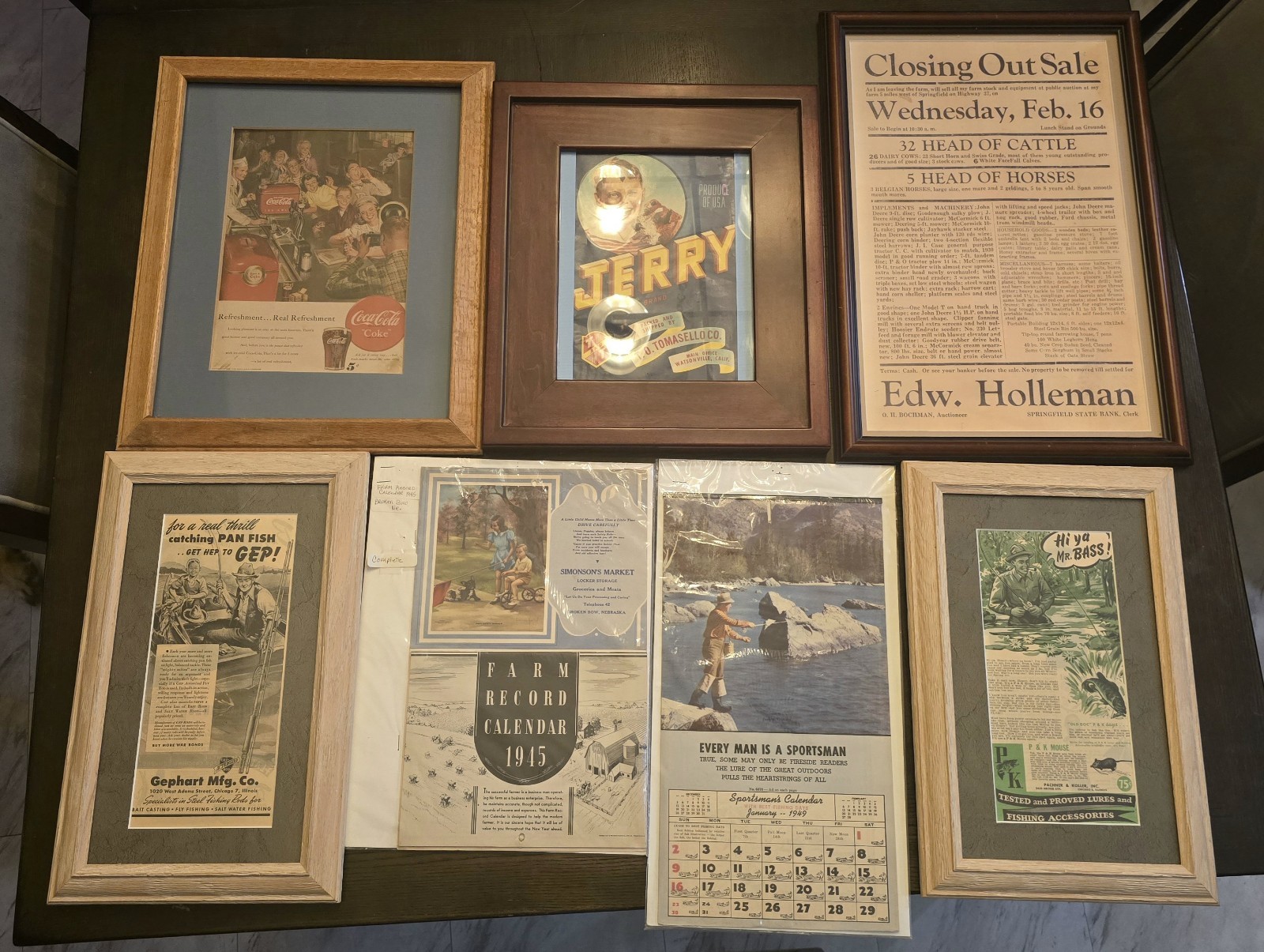 Vintage Framed Advertising Collection Coca-Cola, Fishing, Farm & Antique Prints