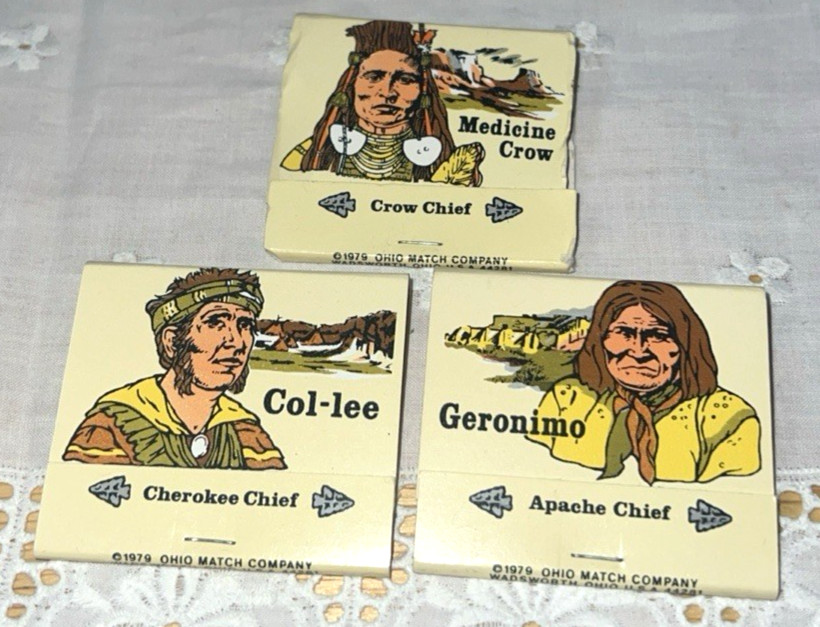 3 Vintage 1979 Native American Indian Chiefs Matchbooks Unstruck Ohio Match Co.