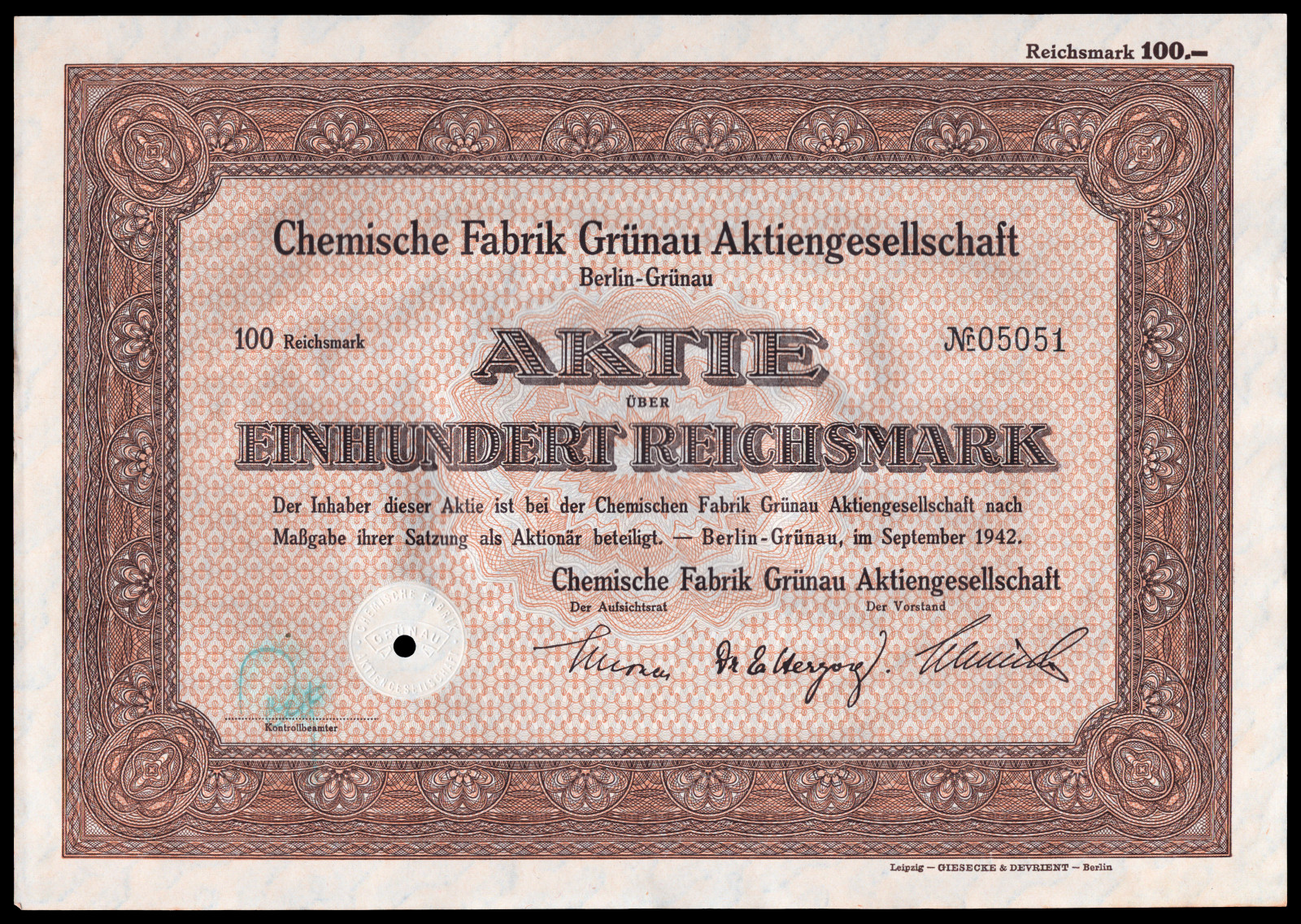 1942 Nazi Germany Nuclear Program WWII Chemische Fabrik Grünau RM100 Stock F+