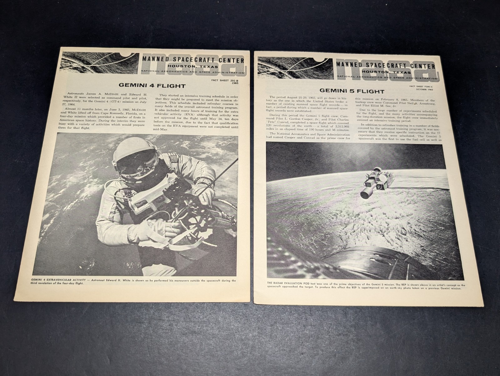 RARE Nasa Gemini 4 & 5 Flight Fact Sheet 1965 MINT CONDITION 