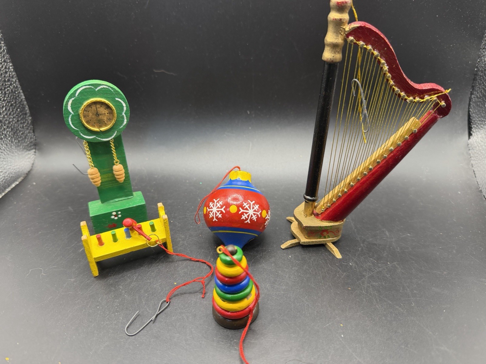 Vintage Wooden Christmas Ornaments Lot Clock Harp Ornament Top Bench 