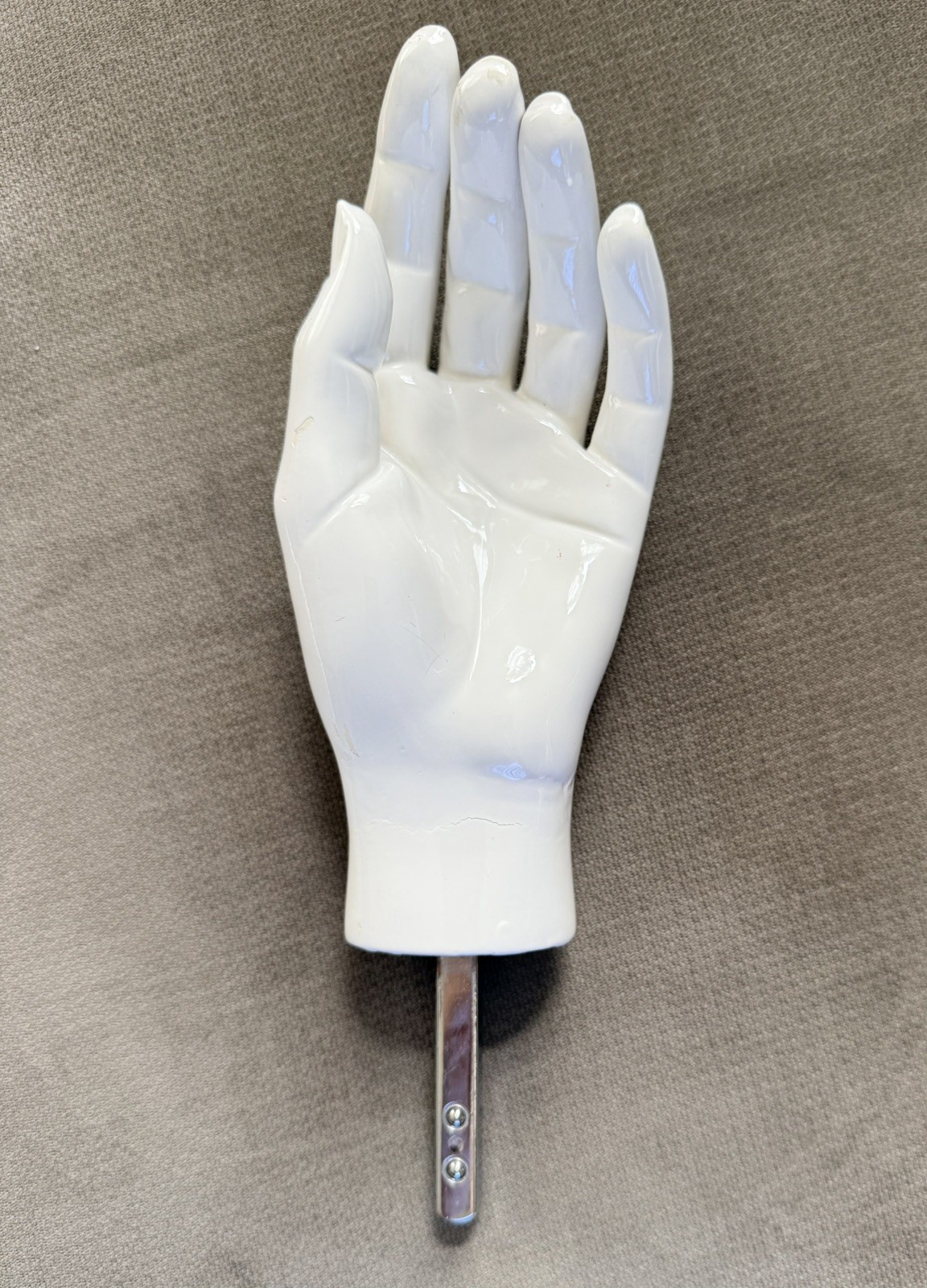 Vintage Female (Left) Mannequin Hand Stark White Glossy Base is a metal stake Vintage Female (Left) Mannequin Hand Stark White Glossy Base is a metal stake
