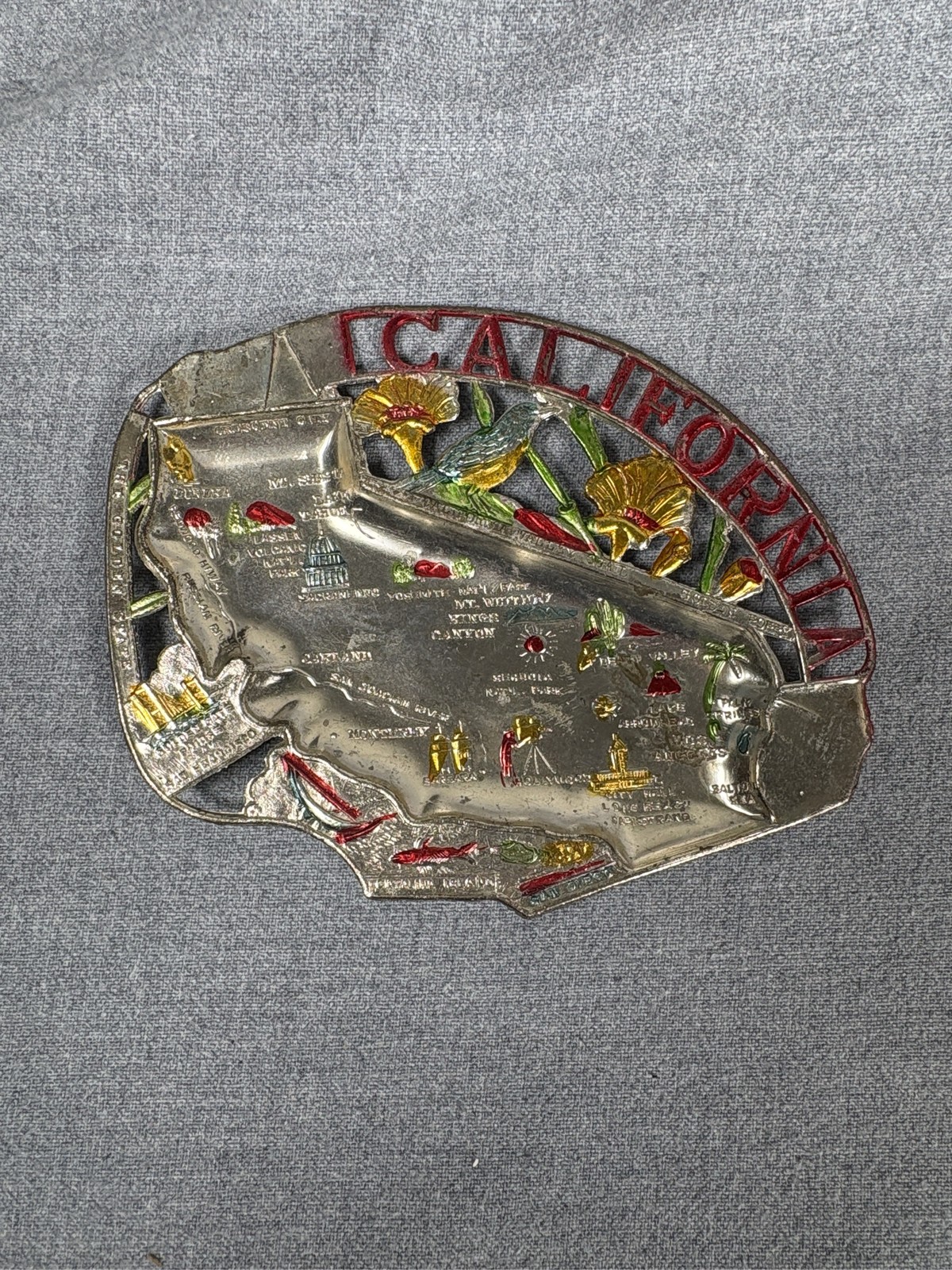 Vintage California Souvenir Metal Tray Map Landmarks Golden Poppy Japan