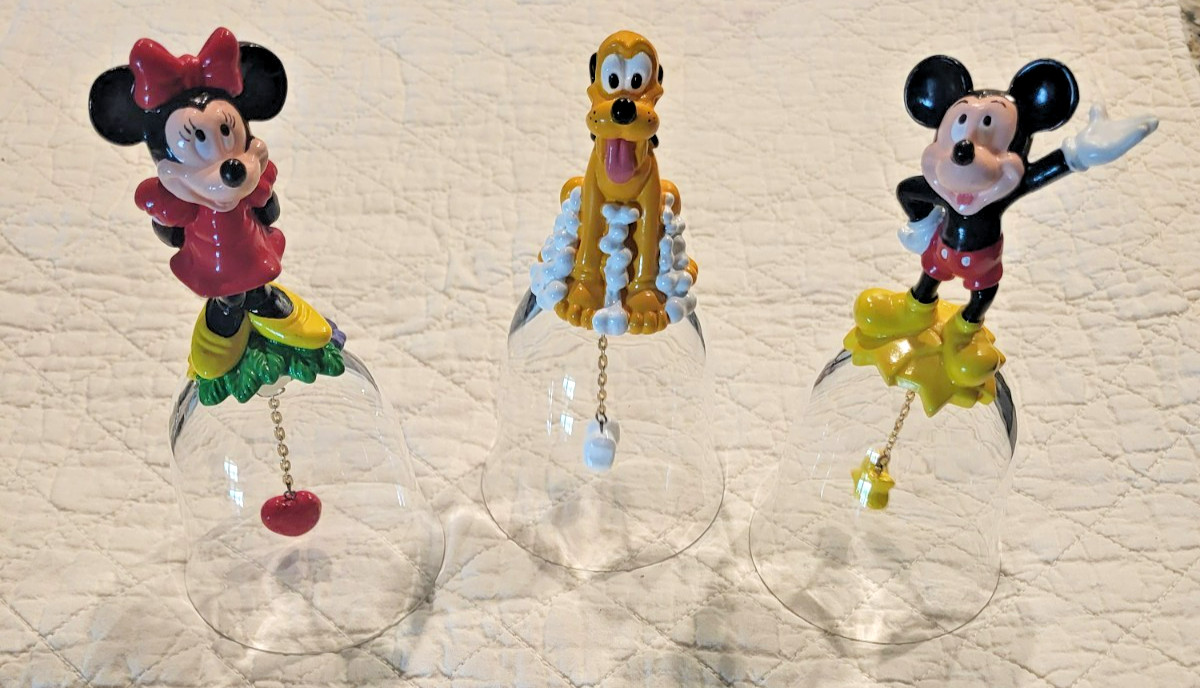 Vintage Walt Disney Minnie / Mickey / Pluto Lead Crystal Glass Bells - set of 3