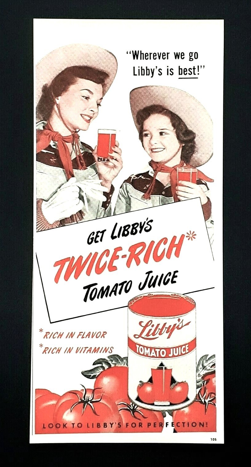 Libby's Tomato Juice ad vintage 1950's mother daughter cowgirl advertisement Libby's Tomato Juice ad vintage 1950's mother daughter cowgirl advertisement