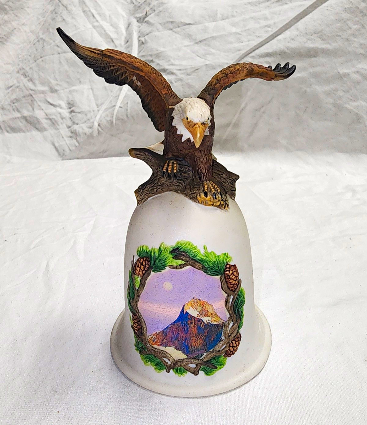 Vintage Bald Eagle Porcelain Bell Mountain Pine Cone Scene 5.75\
