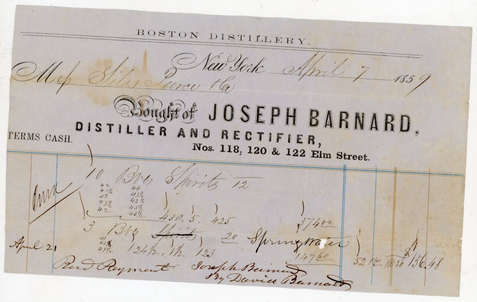 1859 Boston Distillery Billhead Receipt Joseph Barnard Spirits Whiskey New York