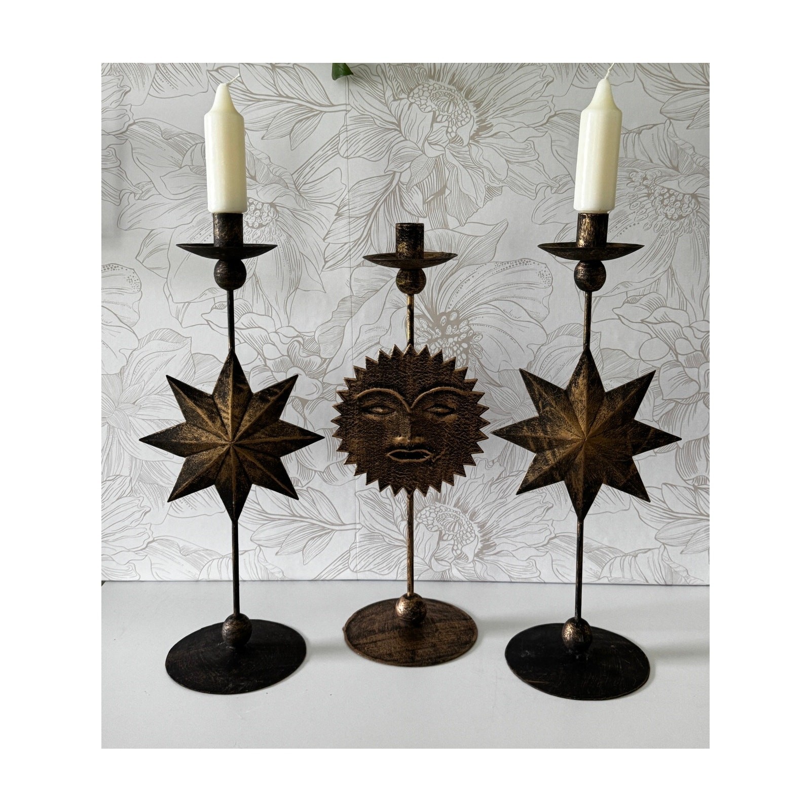 Vintage Celestial Sun Star Candle Holders Set of 3