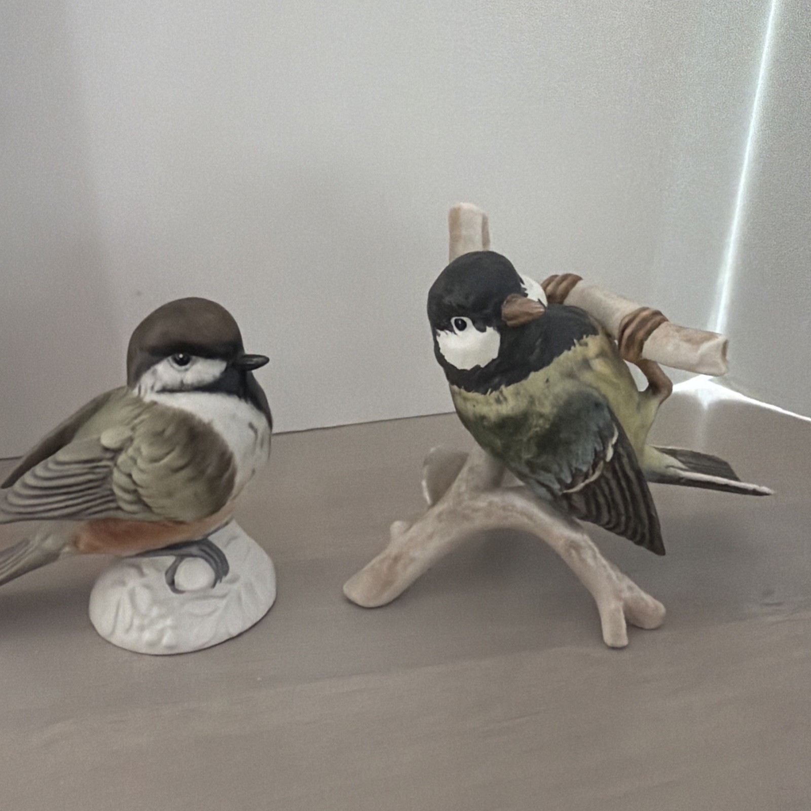 Goebel Chickadee Bird Figurines Pair Porcelain Bisque Branch & Base West Germany
