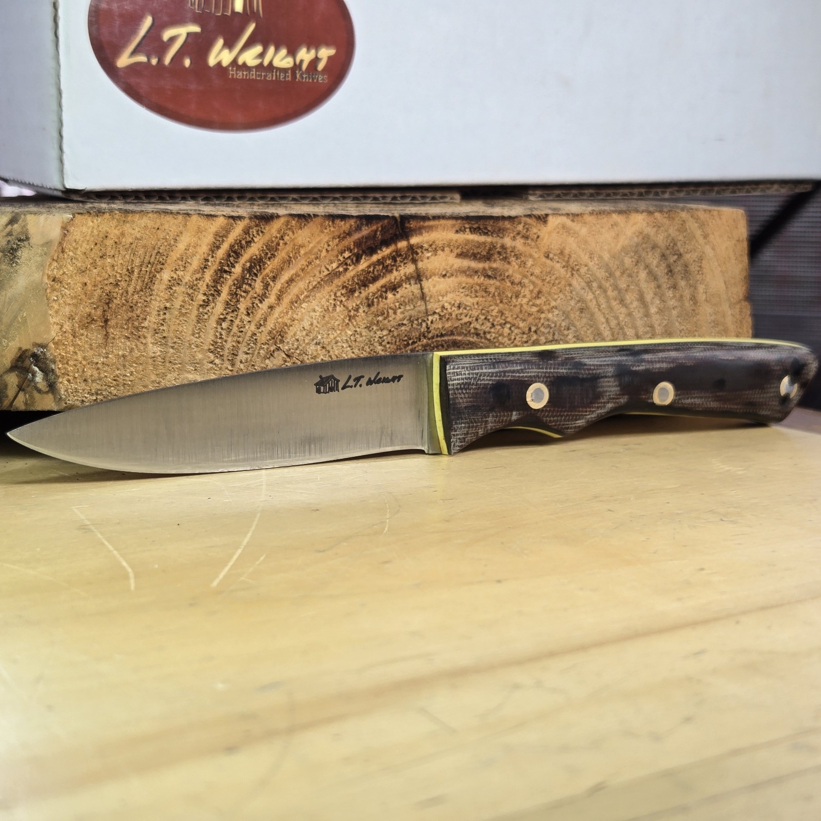 LT Wright JET 3v Yellow Liners MODIFIED Micarta Handle JRE Sheath Box No Label LT Wright JET 3v Yellow Liners MODIFIED Micarta Handle JRE Sheath Box No Label
